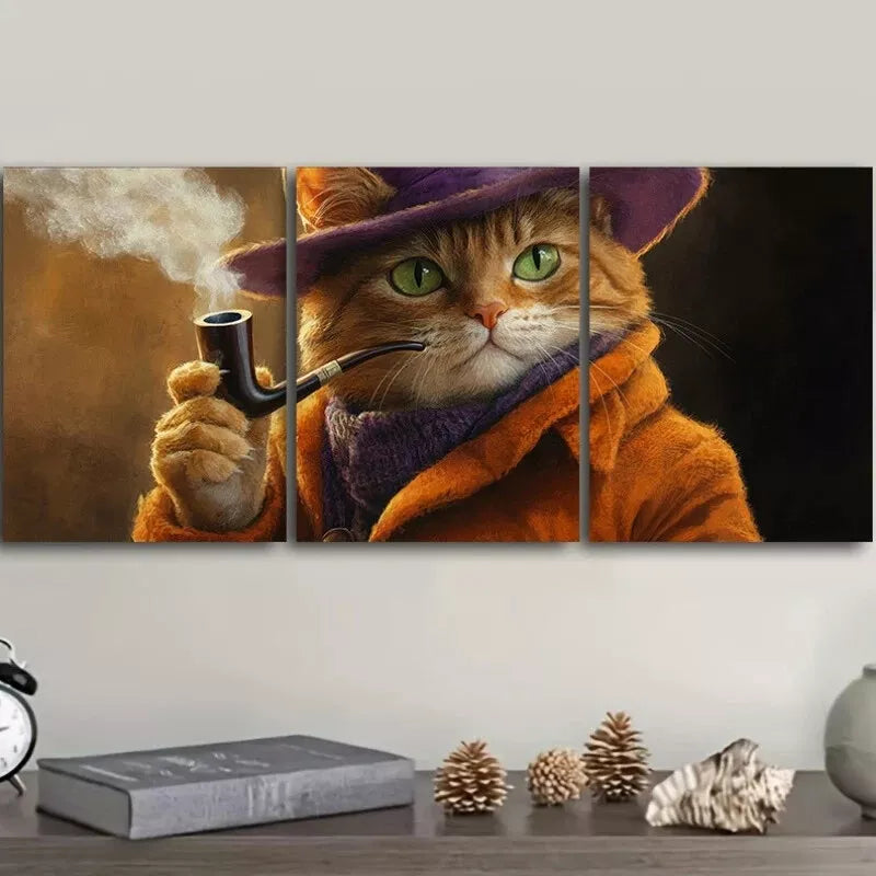 3-Piece Orange Cat with Pipe Smoke Wall Art Set - Framed Canvas 40x60cm - High Quality Print - 100% Australian Made - Ready to Hang - Perfect for Living Room, Bedroom & Office Decor