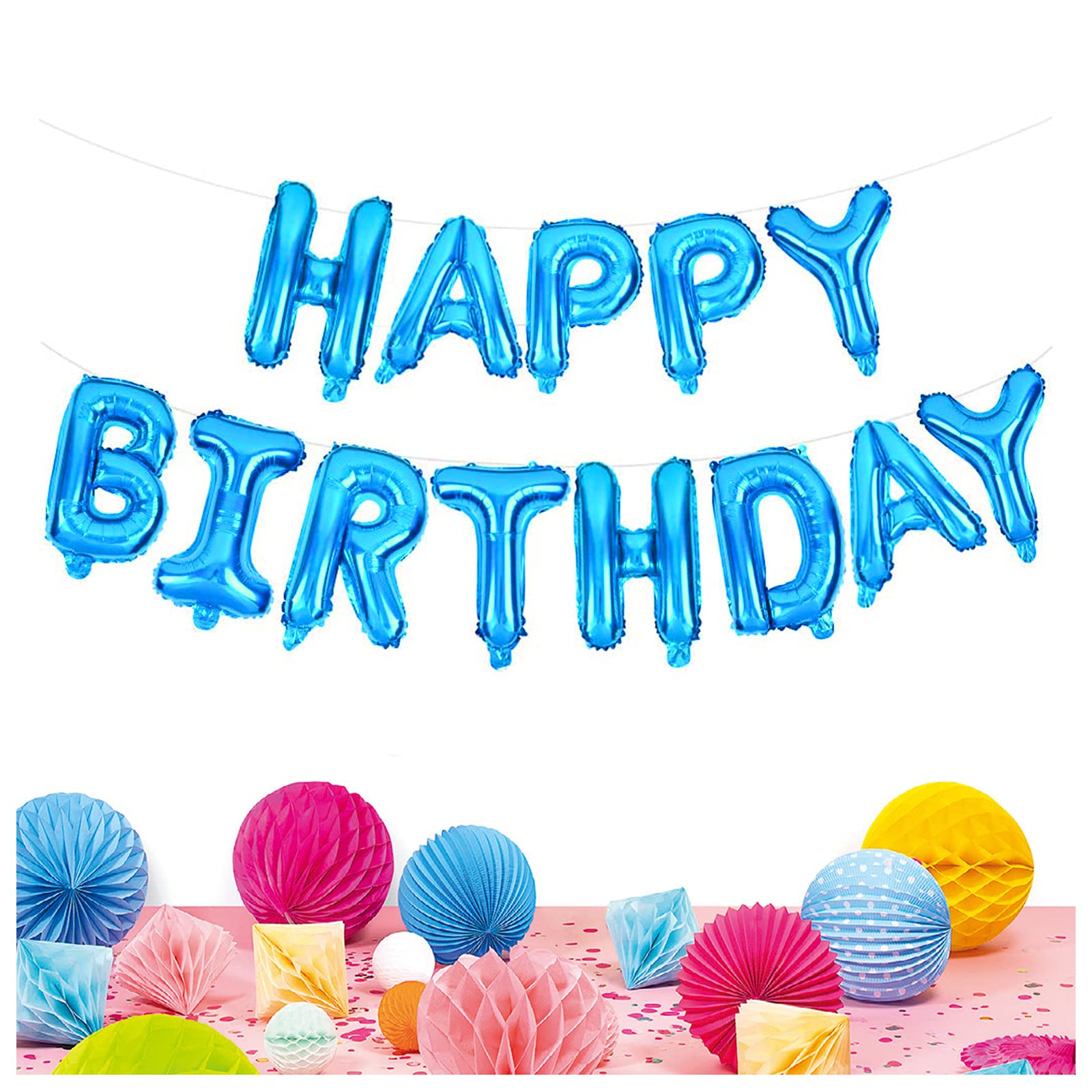 WishLotus 16 Inch Blue Alphabet Foil Balloon Banner with Ribbon - 13 Letter Happy Birthday Party Decorations for Indoor & Outdoor Celebrations, Baby Showers, Anniversaries