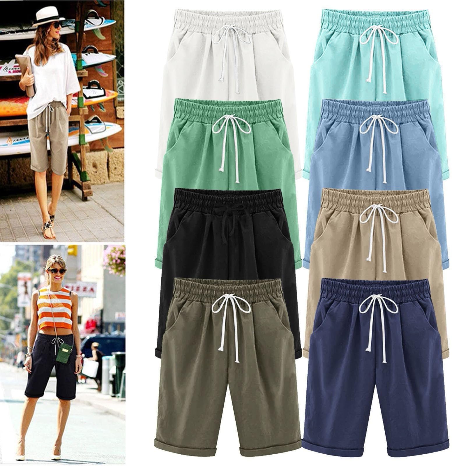 Trendy 2024 Women's Bermuda Shorts - Knee Length, Elastic Waist with Drawstring for Casual Wear & Summer Outings