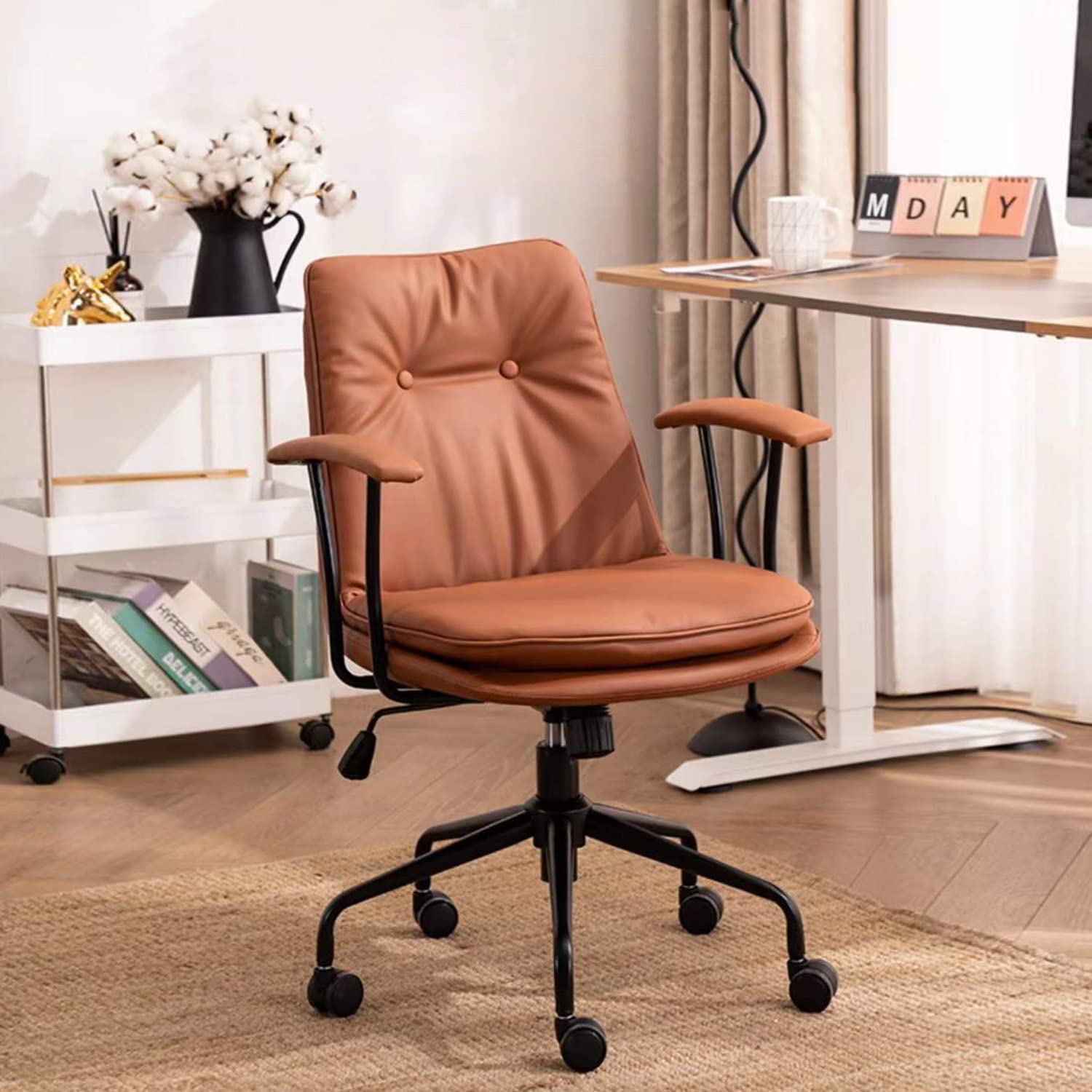 Ergonomic Office Chair with Lumbar Support - Adjustable PU Leather Computer Desk Chair, Swivel Rolling Executive Task Chair with Double Seat Cushion & Armrests for Home Office - Mid Back Comfort (Brown) - Perfect for Long Work Hours, Gaming, and Remote Work Setup