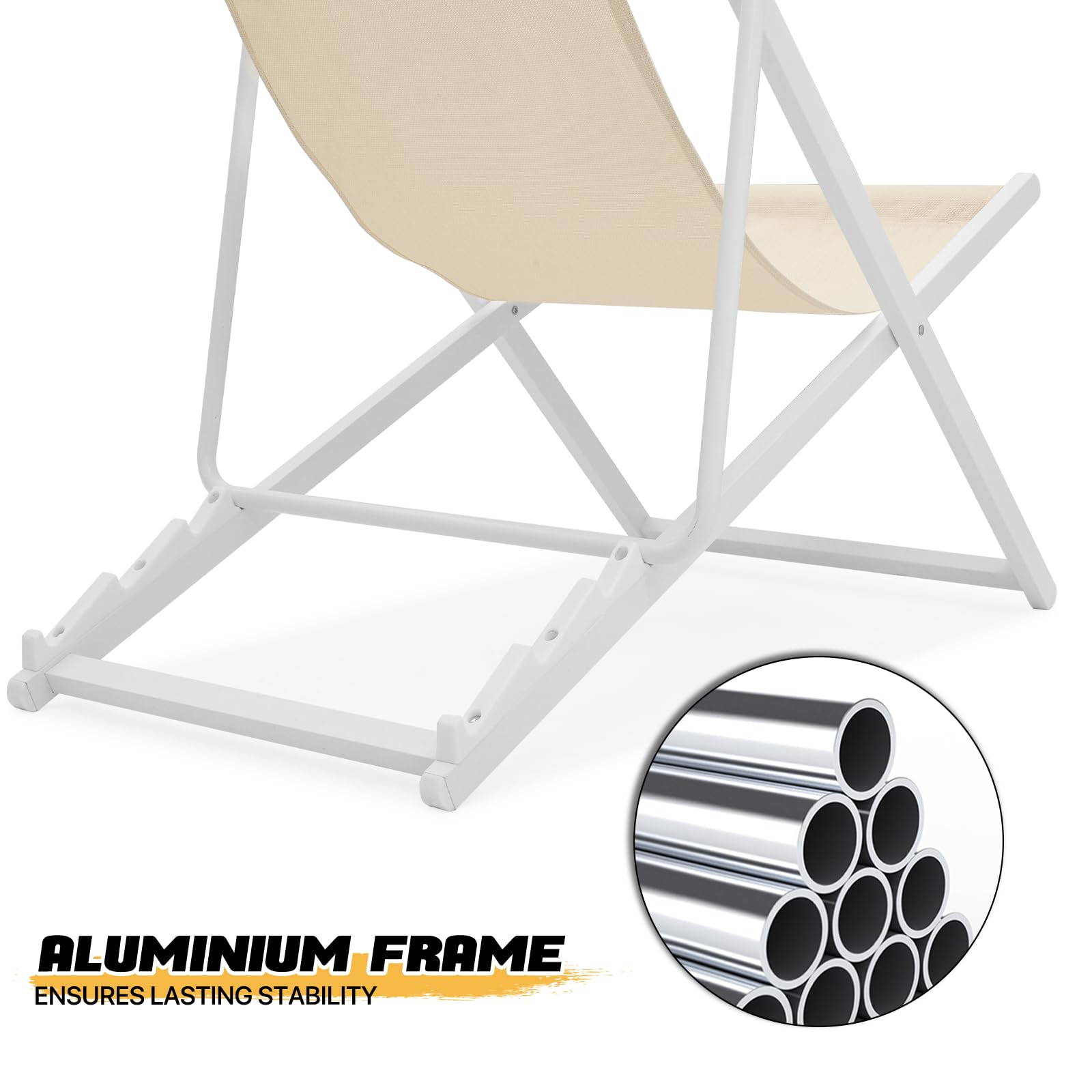 MoNiBloom Foldable Outdoor Adjustable Beach Patio Sling Chairs - Portable Aluminum Frame Lounge Folding Chair Set of 2 (Beige) - Perfect for Poolside, Backyard, Camping & Picnics