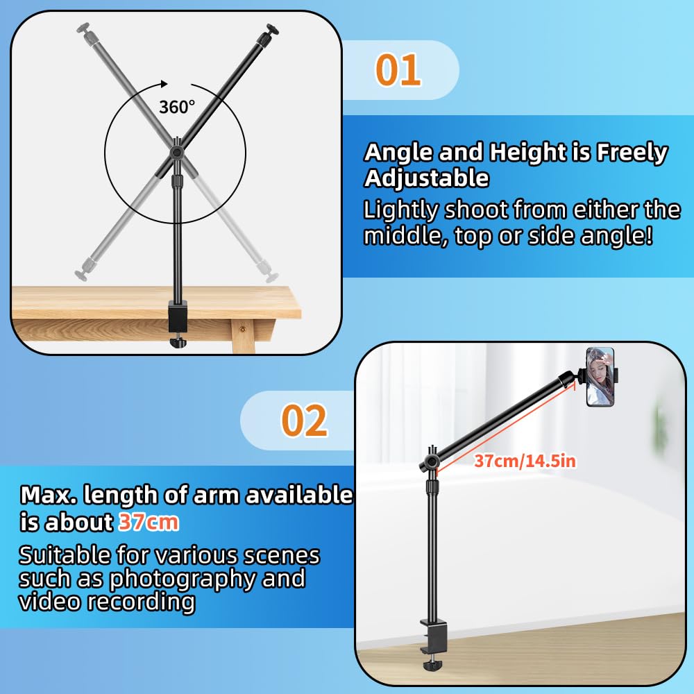 HEMMOTOP Overhead Camera Stand - Heavy Duty 360° Rotatable Webcam Mount for Desk, 4.4LBS Payload - Perfect for Vlogging & Cooking Videos