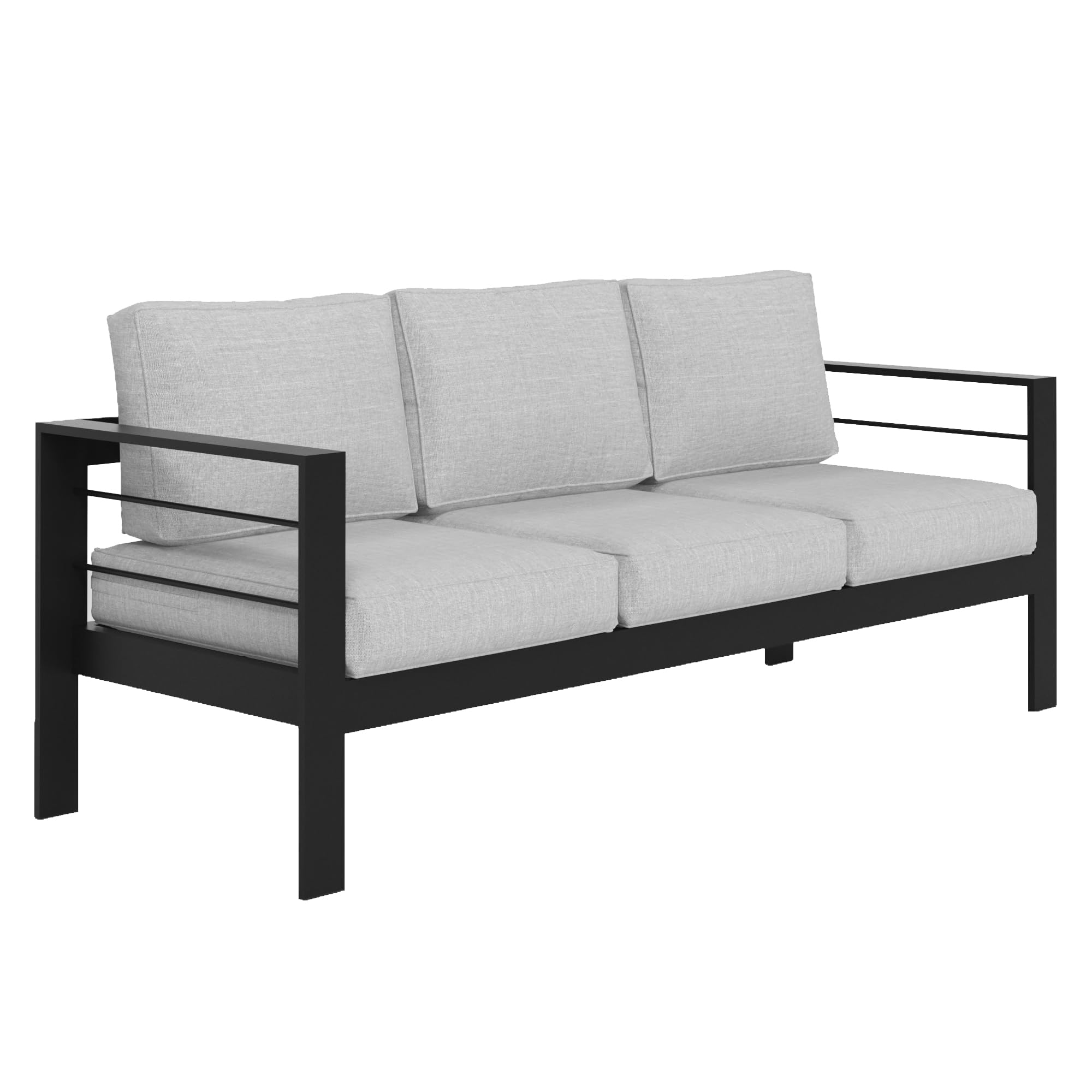Solaste 3-Seat Aluminum Outdoor Sofa with Water-Resistant Cushions - Weatherproof Modern Patio Furniture Set for Garden, Poolside & Backyard (Black Frame & Grey Cushions)