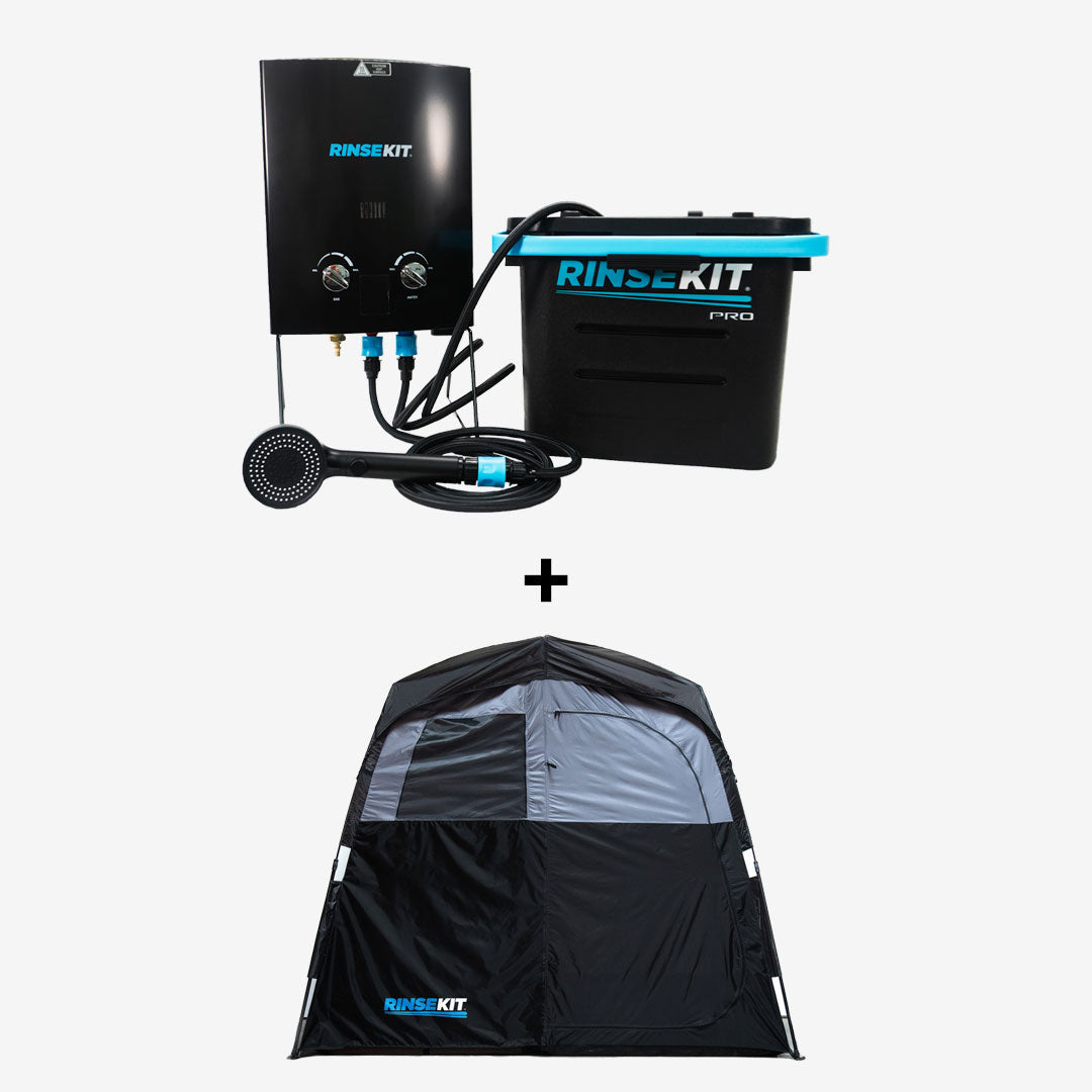 RinseKit PRO Portable Shower System with HyperHeater 2.0 & Shelter Shower Tent Bundle - Outdoor Camping, Beach, RV, and Sports Gear Cleaning Solution