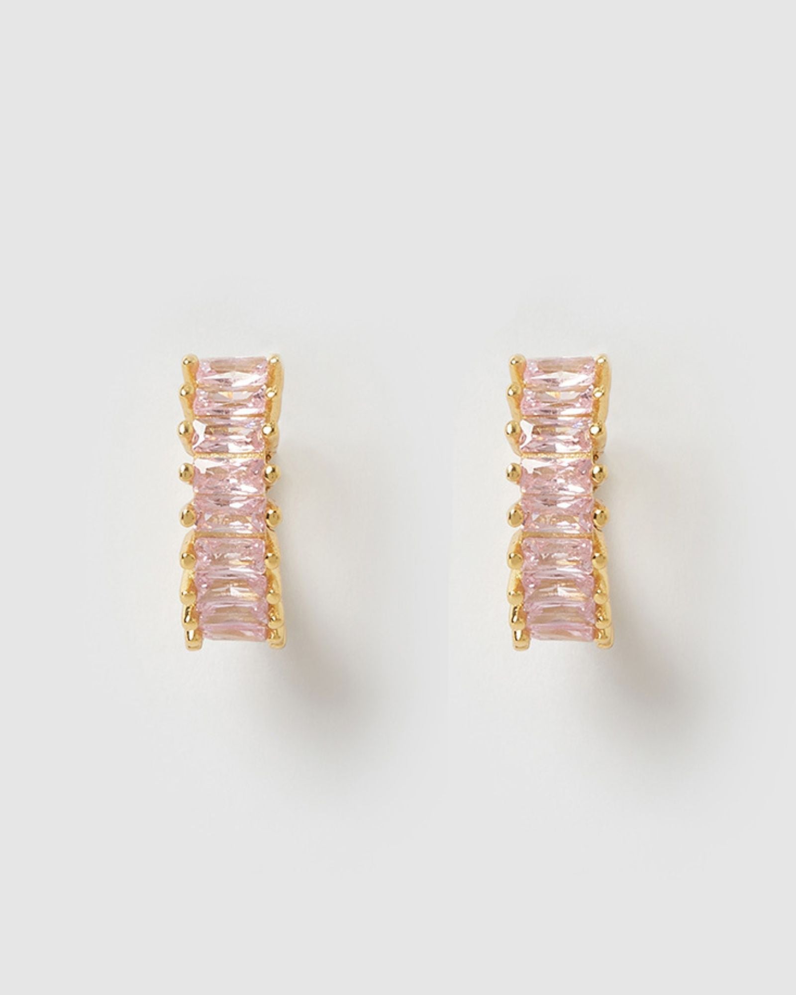 Izoa Celine Huggie Hoop Earrings for Women - 14K Gold Plated Pink Cubic Zirconia Stud Earrings | Perfect for Everyday Wear, Parties & Gifts
