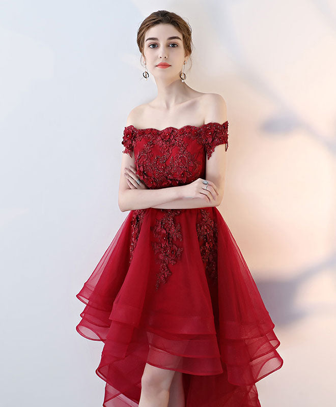 Elegant Burgundy Tulle Lace Off-Shoulder Prom Dress for Homecoming & Formal Events - Perfect for Dances, Weddings & Special Occasions