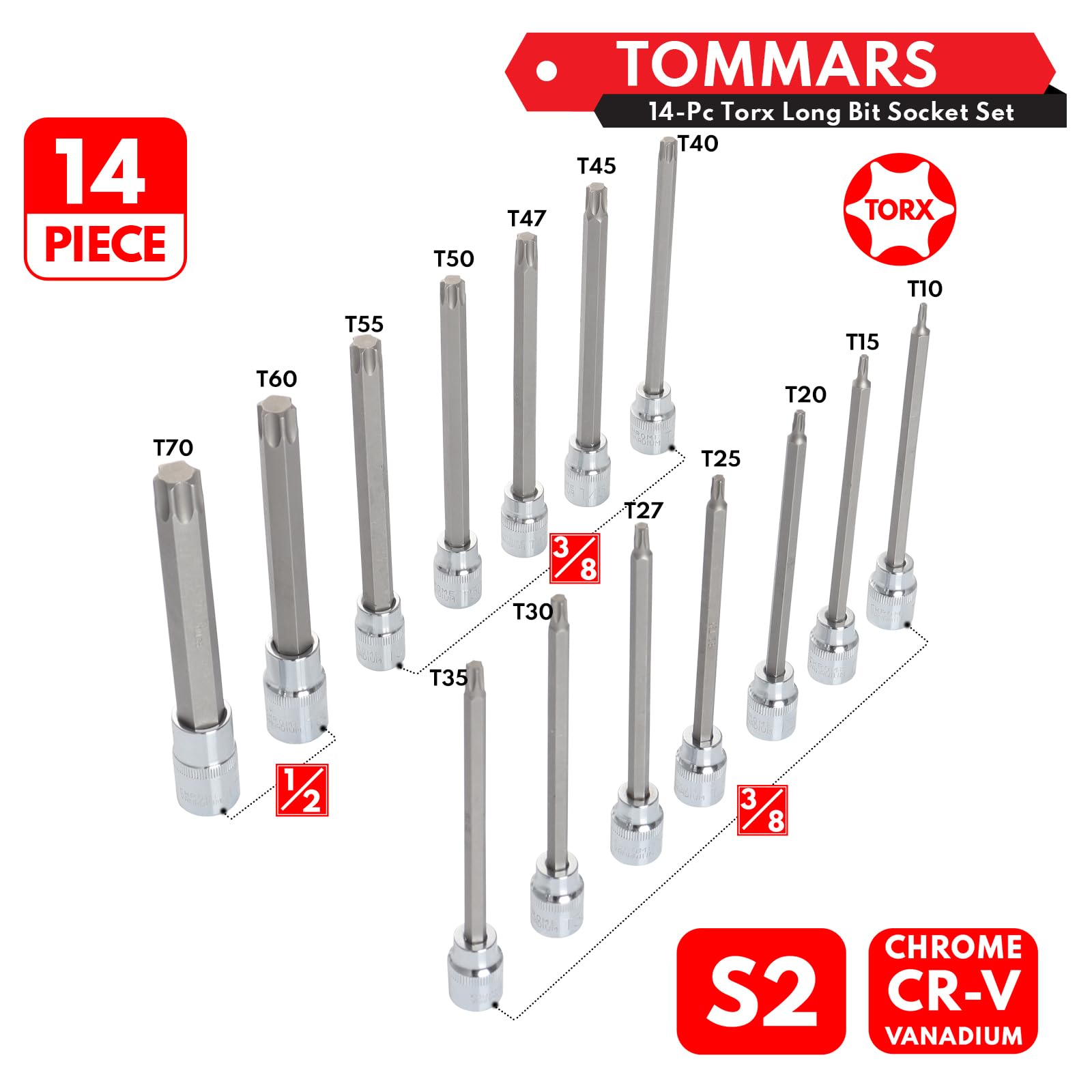 TOMMARS 14-Piece Long Torx Bit Socket Set - S2 Alloy Steel Star Bit Set (T10-T70) for Automotive, Motorcycle & DIY Repairs | Durable Torx Screwdriver Kit for Mechanics & Home Improvement