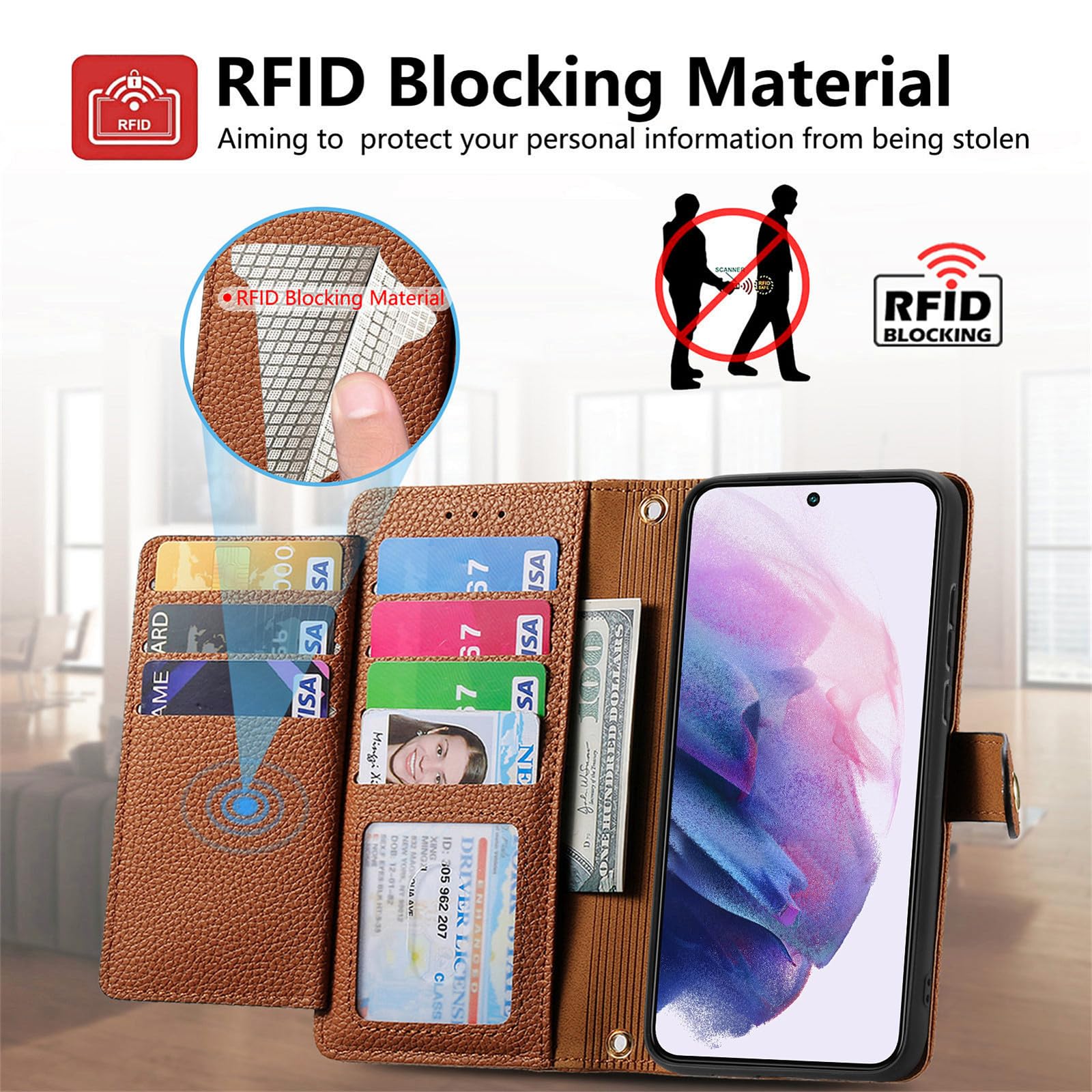 Premium RFID Blocking Wallet Case for Samsung Galaxy S25 Ultra 5G - PU Leather Phone Cover with Zipper Pocket & Adjustable Crossbody Strap (Brown) | Perfect for Travel, Shopping & Everyday Protection