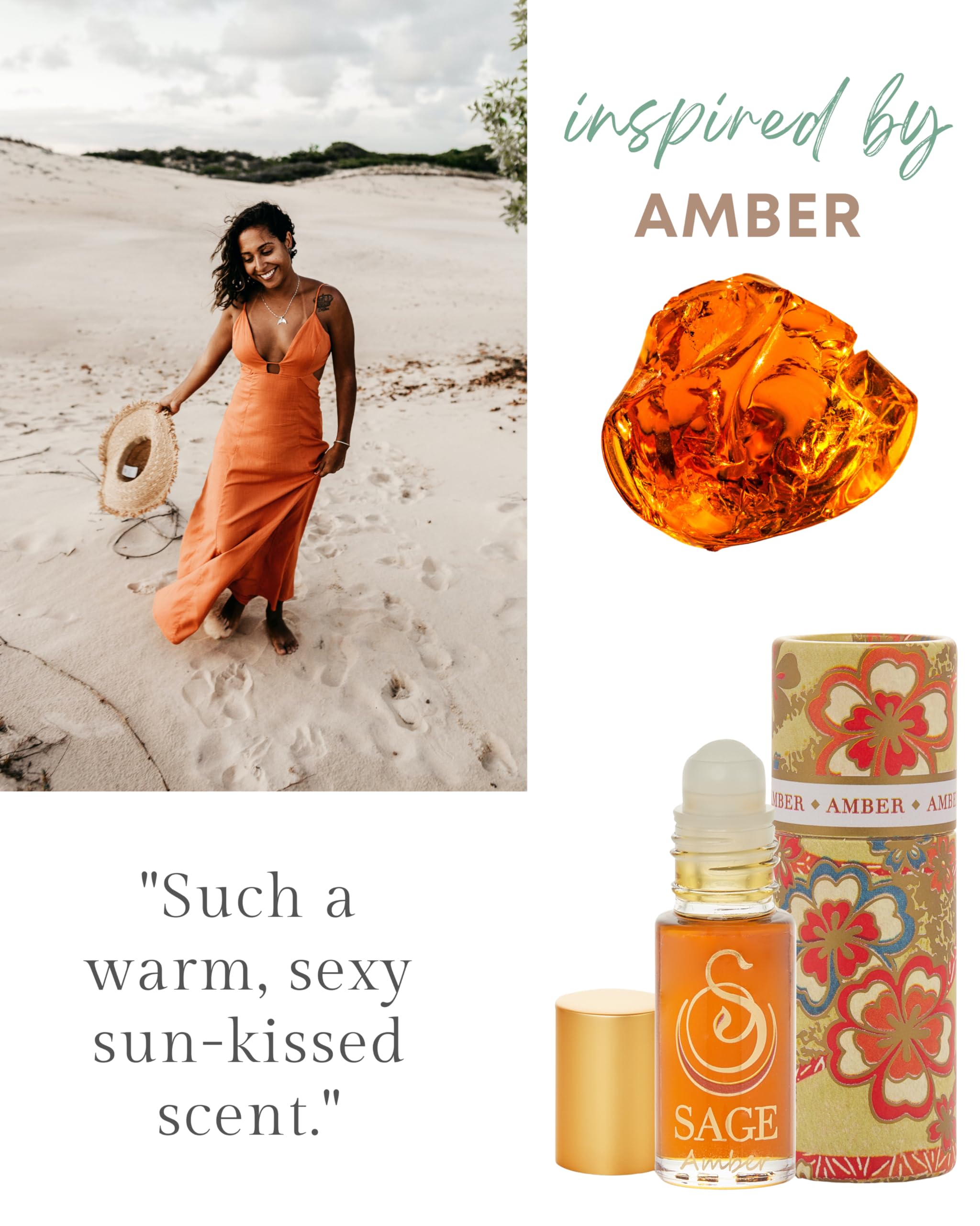 Sage Amber Perfume Oil Roll-On - 1/8 oz Vegan & Cruelty-Free with Earthy Scent of Amber, Blood Orange & Musk | Natural Fragrance for Women & Men, Daily Wear & Special Occasions