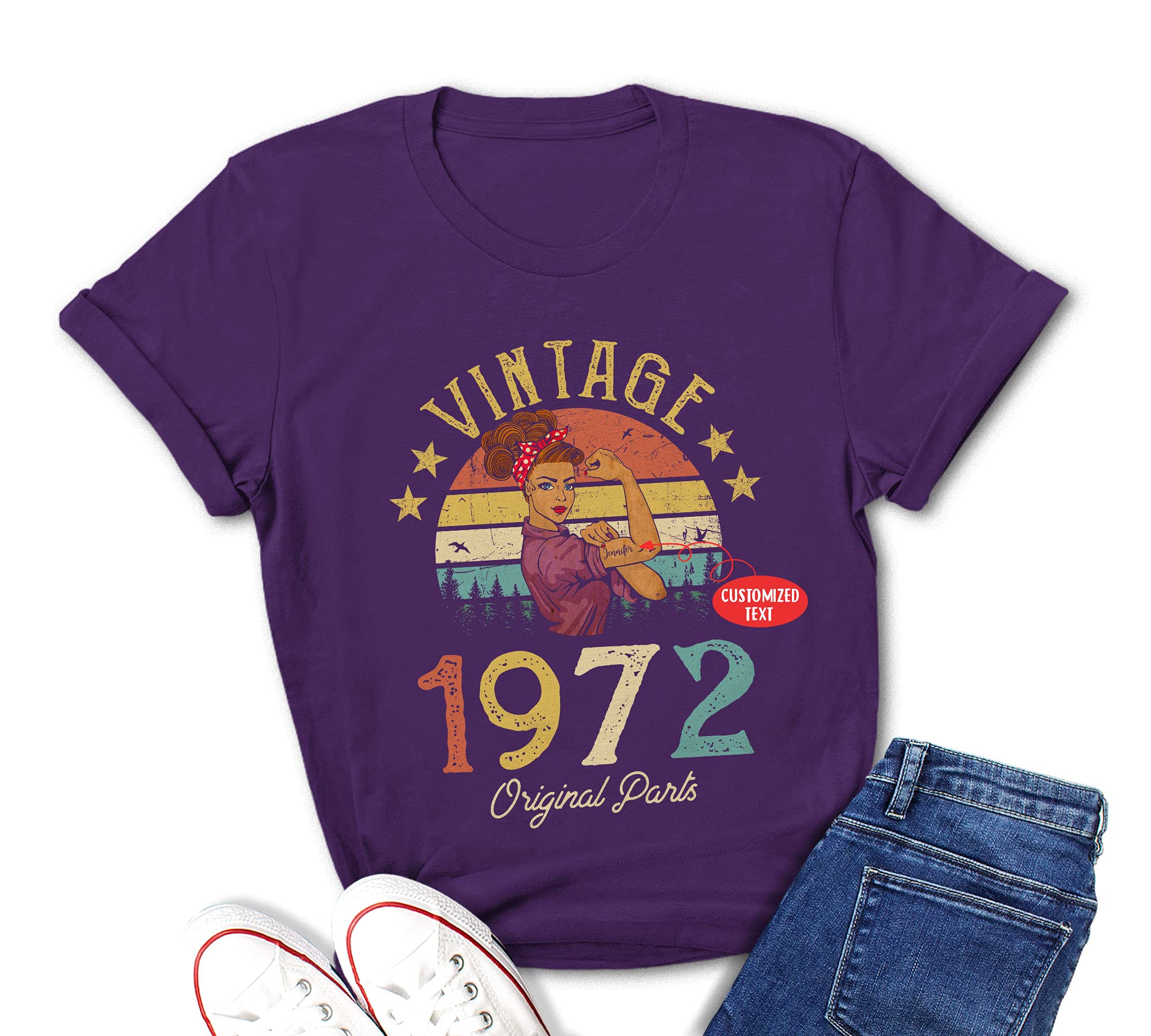 Custom 50th Birthday T-Shirt for Women - Personalized Vintage 1972 Name & Birth Year Design - Perfect 50 Years Old Gift Idea for Birthday Parties & Milestone Celebrations