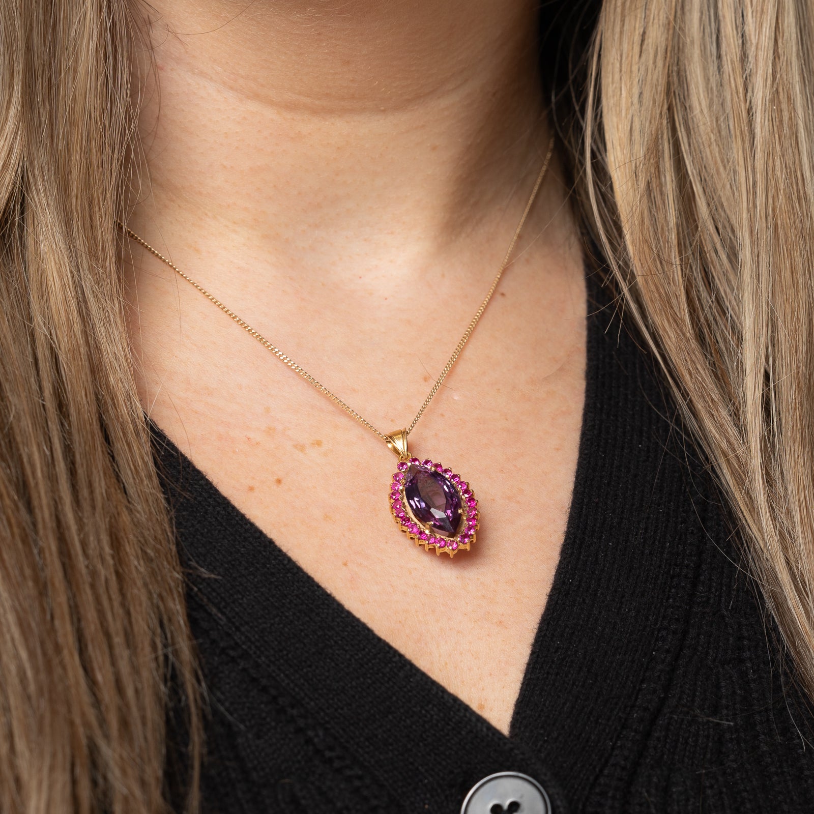 Color Changing Synthetic Purple Sapphire & Ruby Halo Pendant Necklace - 7.50ct Gemstone with 0.48ctw Diamond Accents | Elegant Jewelry Gift for Women | Perfect for Parties, Weddings & Special Occasions