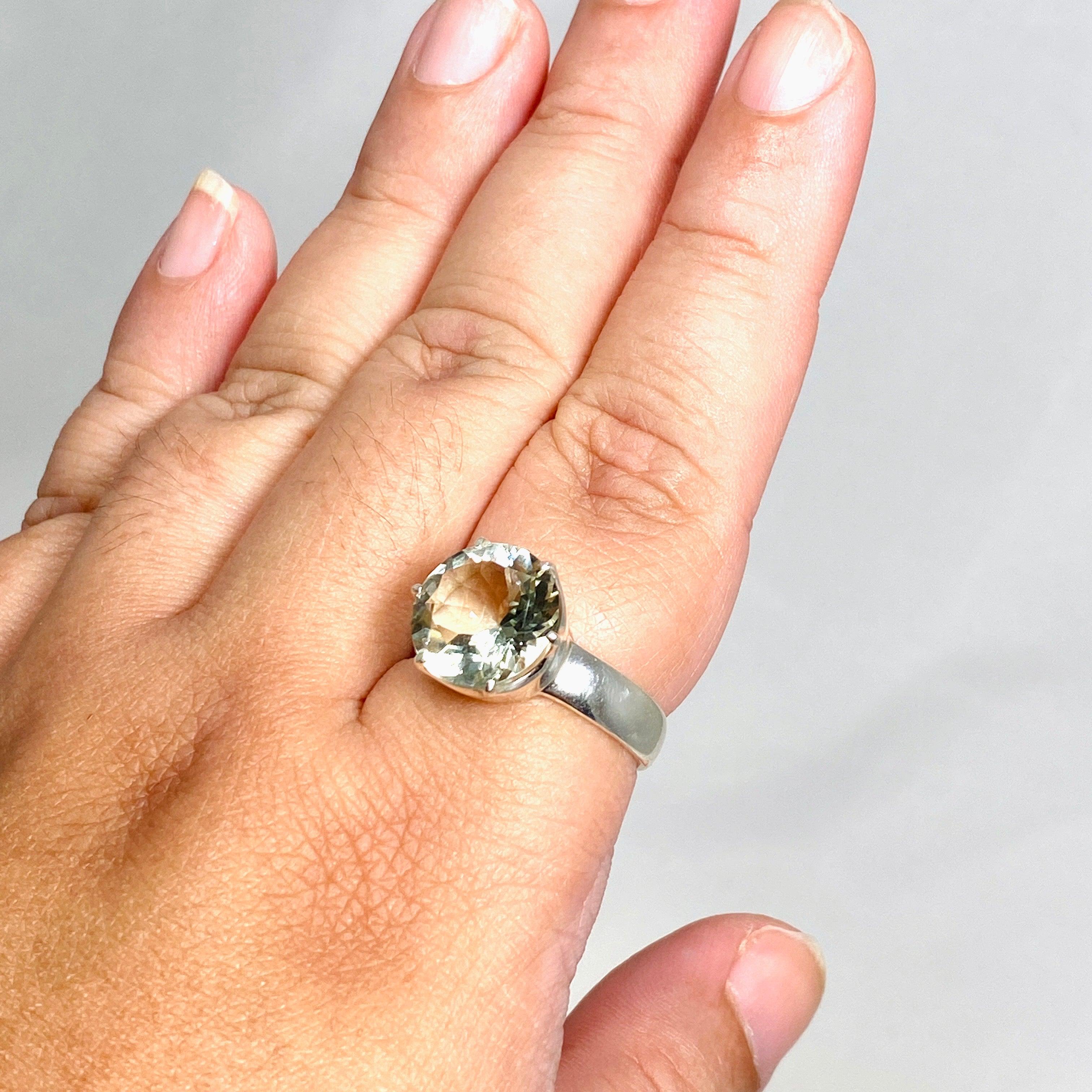 Natural Prasiolite (Green Amethyst) Faceted Round Ring - Size 12 - PRGJ415 - Perfect for Engagement, Wedding & Special Occasions