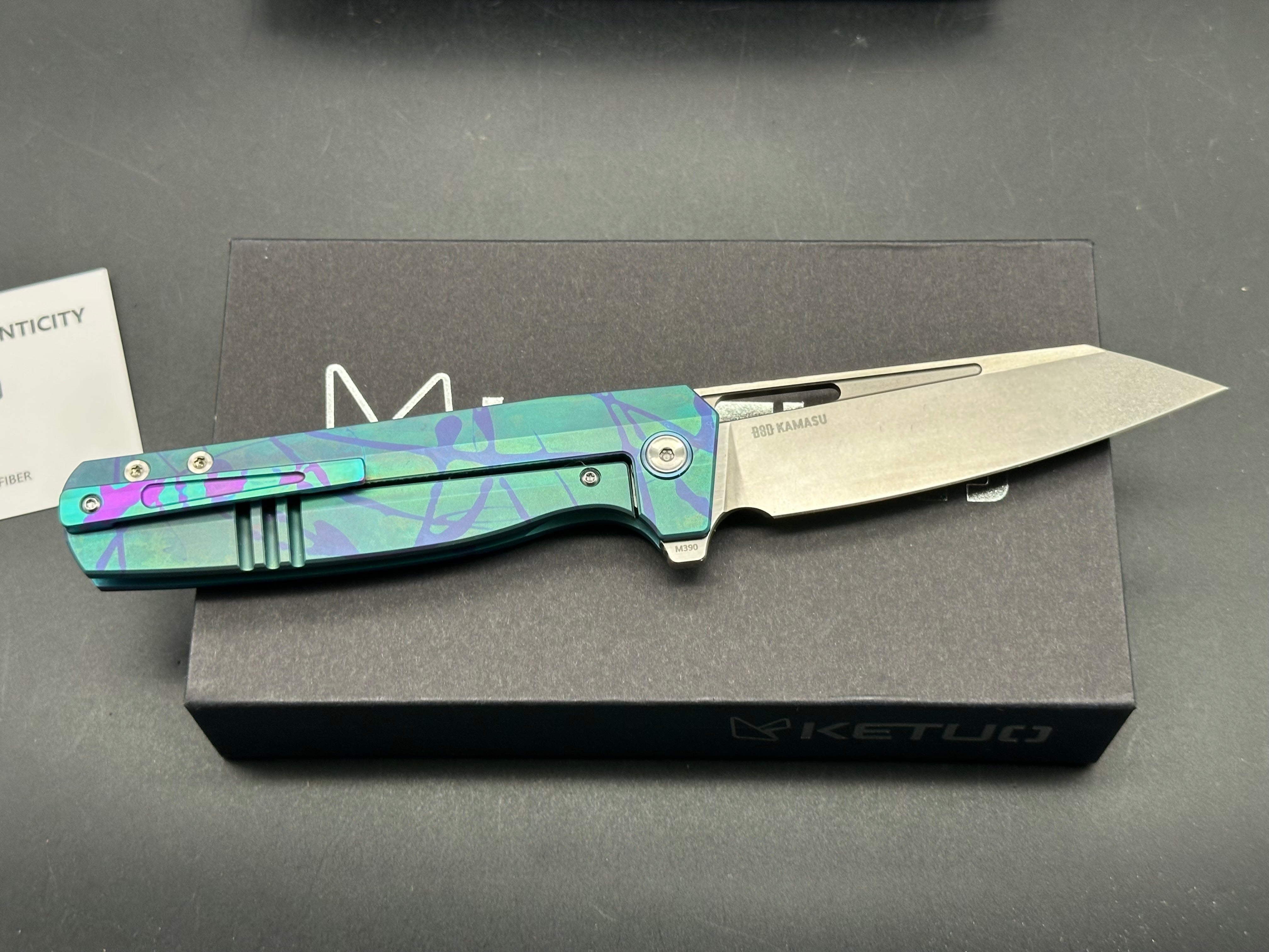 Ketuo Knives Kamasu LE (20pcs) - Shred Carbon Fiber Inlay with Custom 80s Paint Print Titanium Frame - Premium Collectible Pocket Knives for Outdoor Camping, EDC & Survival Gear
