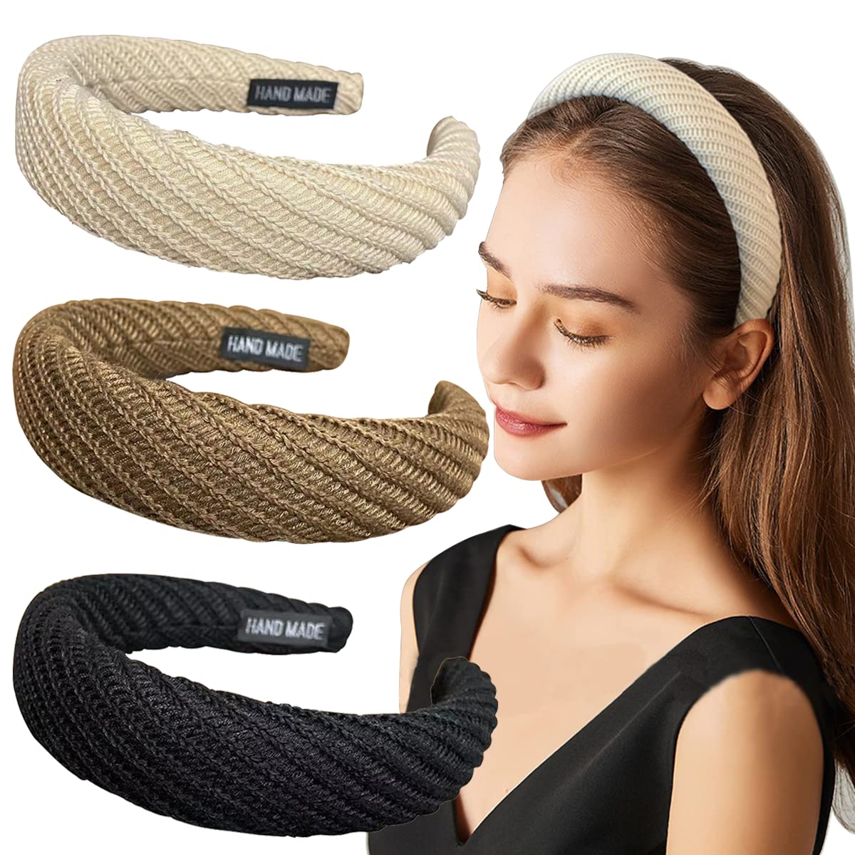Set of 3 Knitted Padded Headbands for Women & Girls - 1.2 Inch Wide Solid Color Hair Accessories (Black, Brown, Ivory) - Perfect for Winter Warmth, Yoga, Running & Casual Outfits