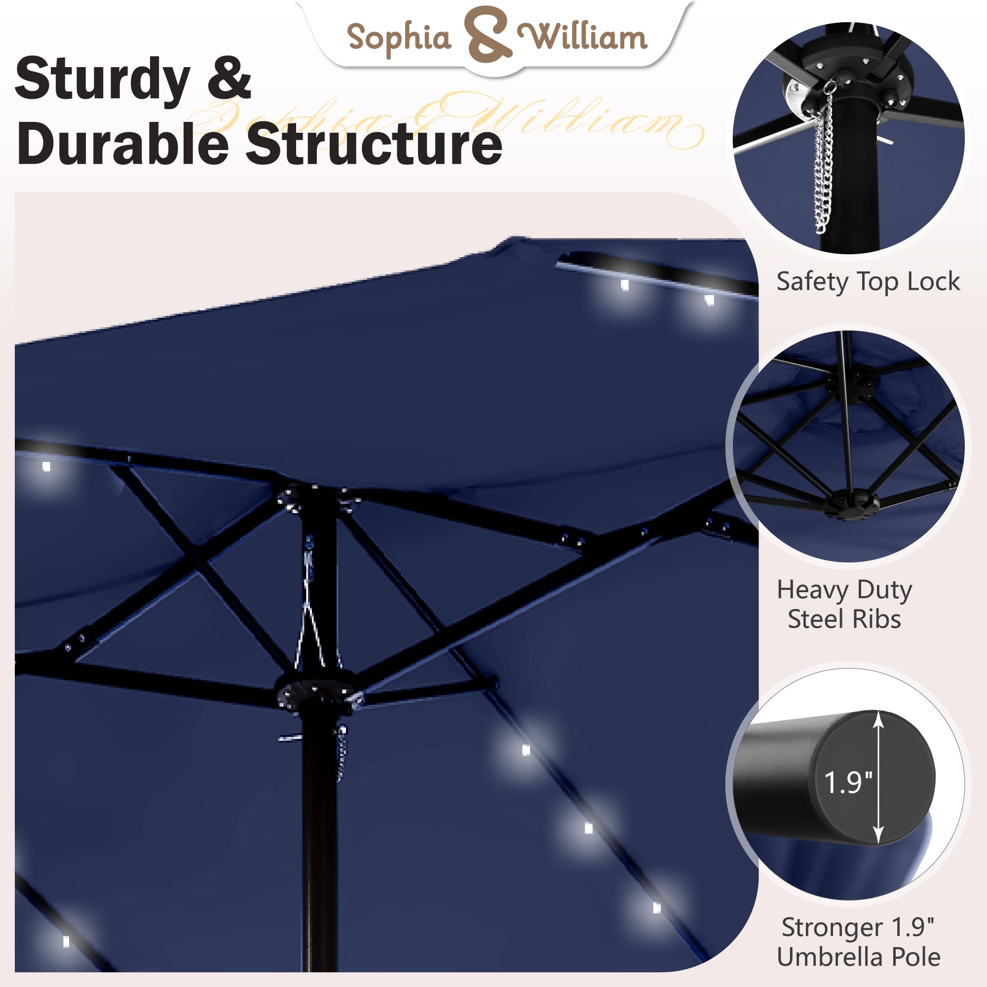15 ft Extra Large Rectangular Outdoor Patio Umbrella with Solar Lights & Base - Heavy Duty Double-Sided Market Umbrella for Pool, Garden, Backyard - Navy Blue | Perfect for Outdoor Dining, Lounging & Summer Parties