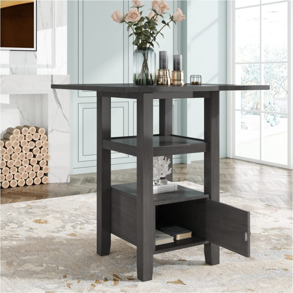 Gray Counter Height Wood Kitchen Dining Table with Storage Cupboard - Space Saving Kitchen Island Table for Small Spaces, Breakfast Nook, or Apartment Dining Area (1 Table)