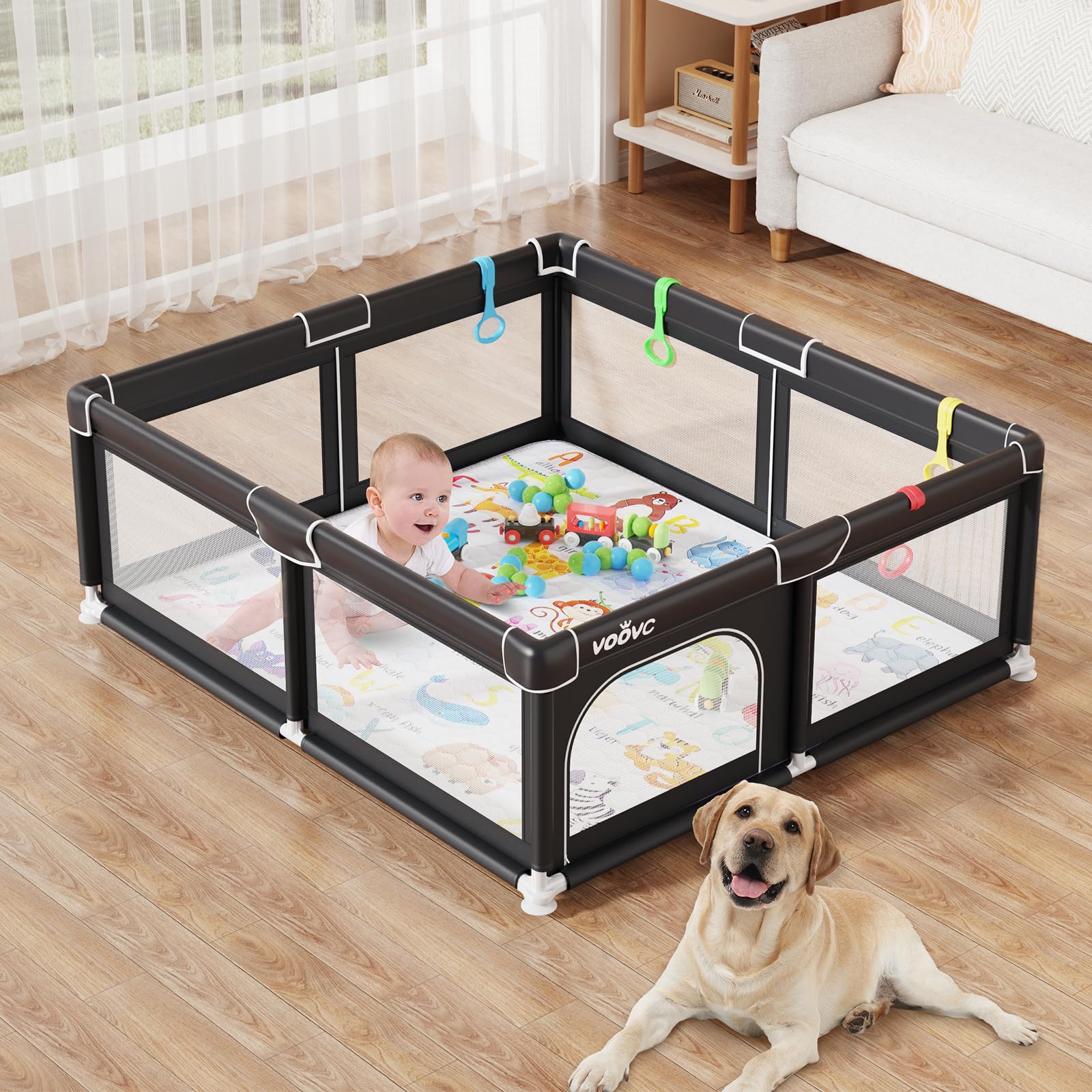 **Extra Large 71x60 Inches Black Baby Playpen with Mat - Safe Indoor & Outdoor Activity Center for Babies & Toddlers, Play Yard with Gate Prints - Perfect for Home, Daycare & Travel**