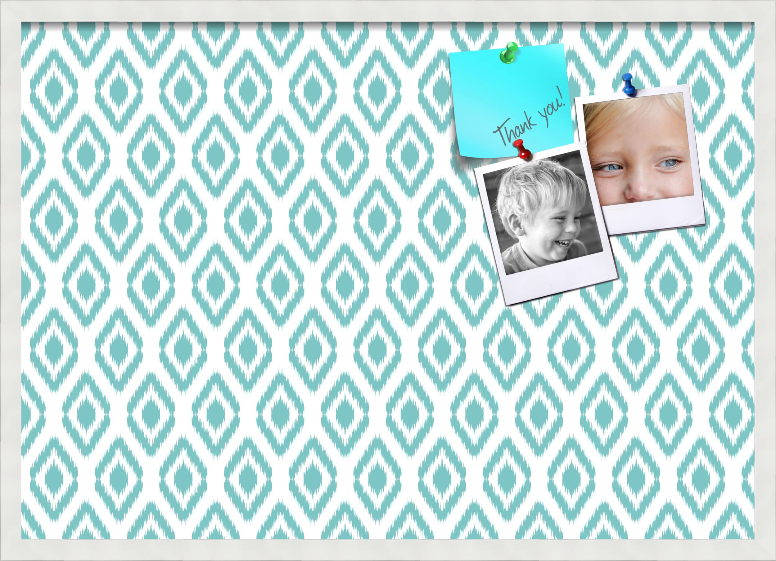 PinPix 34x24 Inch Cork Bulletin Board with Ikat Aqua Design & Satin White Frame - Decorative Framed Pin Board for Home, Office, School & Dorm Room Organization - Perfect for Notes, Photos, Memos & Wall Decor