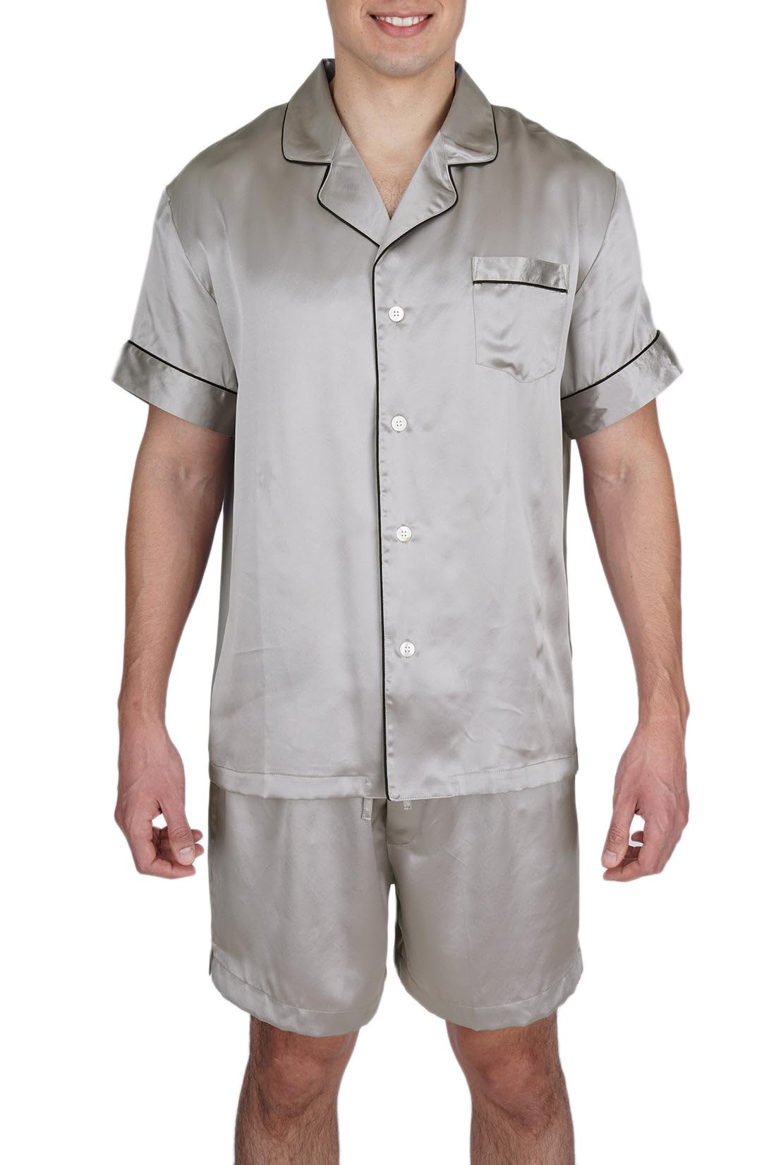 Luxury 100% Mulberry Silk Pajama Set for Men - Short Sleeve Top & Boxer Shorts Sleepwear | Perfect for Home Lounging, Vacation & Gift Giving