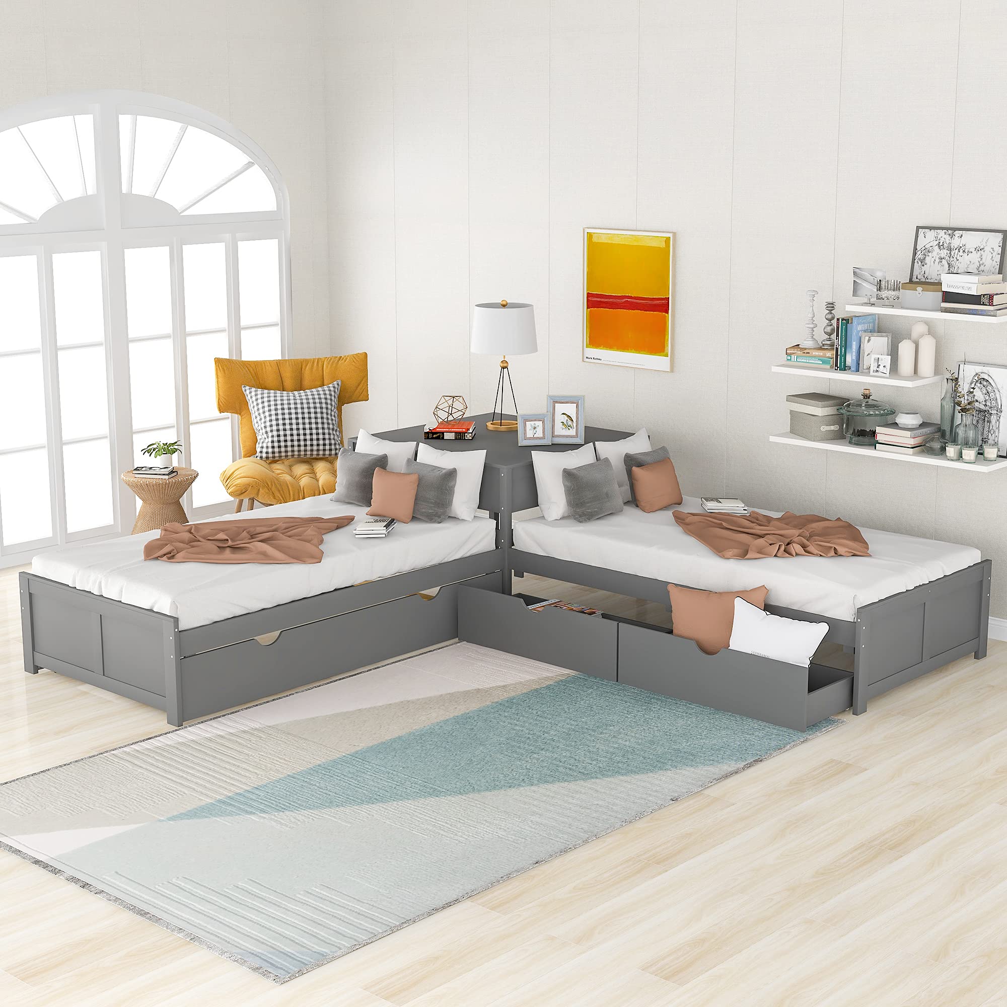 Twin L-Shaped Storage Daybed with Trundle & Drawers - Convertible Sofa Bed for Living Room, Bedroom, Guest Room (Grey)