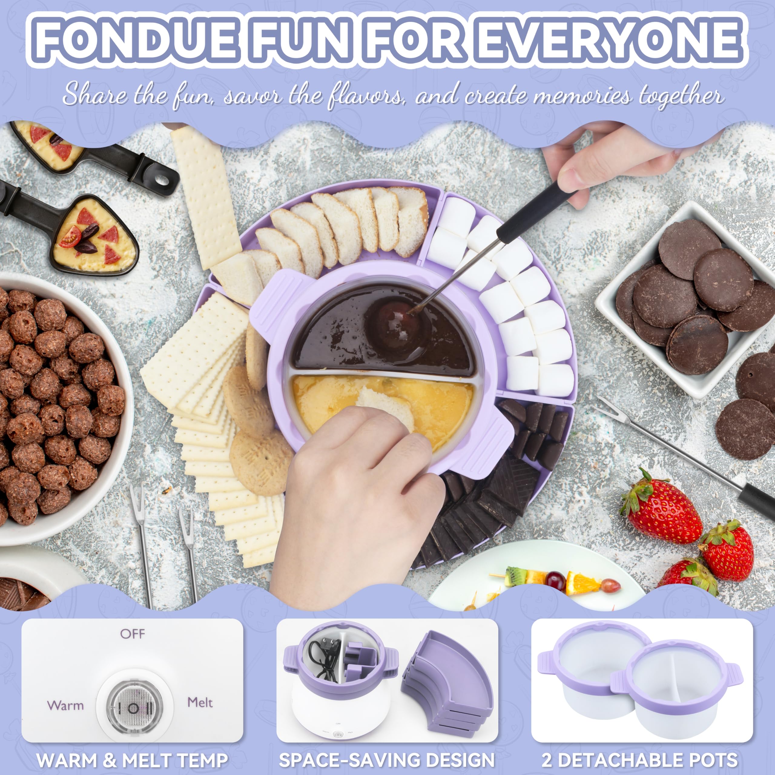 Electric Fondue Pot Set with 2 Pots - Chocolate & Candy Melting Warmer for Dipping, 2.5 Cups Capacity, Includes Fondue Forks - Perfect for Parties, Valentine's Day & Family Gatherings (Lavender)