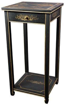 Elegant Black Oriental Stand with Mother of Pearl Inlay - Drawer, Shelf & Glass Top Display Cabinet - Perfect for Living Room Decor, Antique Collectibles Showcase & Home Organization