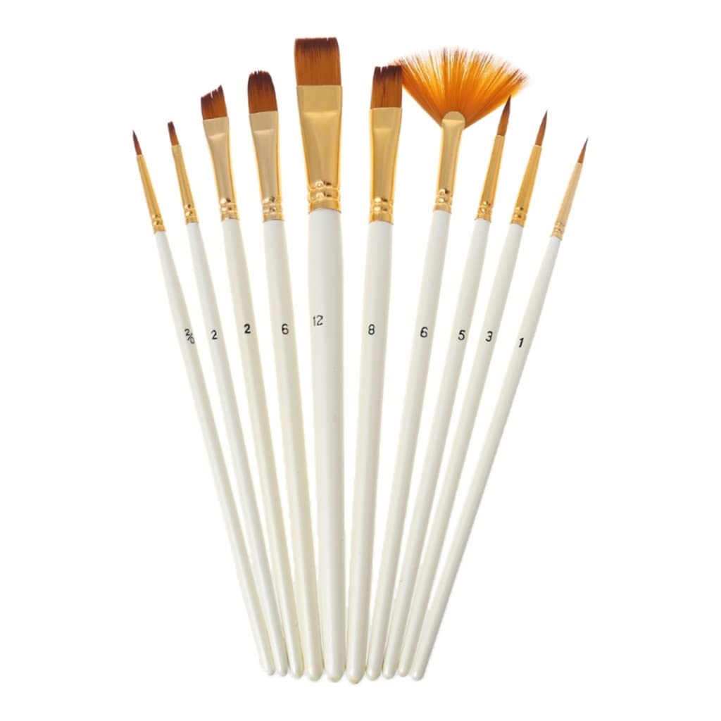 10-Piece Nylon Hair Wooden Handle Watercolor Paint Brush Set - Oil & Acrylic Painting Brushes for Artists & DIY (White) - Perfect for Canvas, Paper, Wood & Fabric Painting