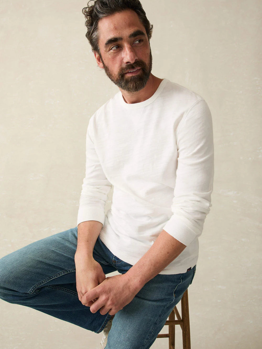 Faherty Sunwashed Long Sleeve T-Shirt for Men - Soft Cotton Crewneck Shirt in White | Casual Wear, Beach Outfits & Layering Essential
