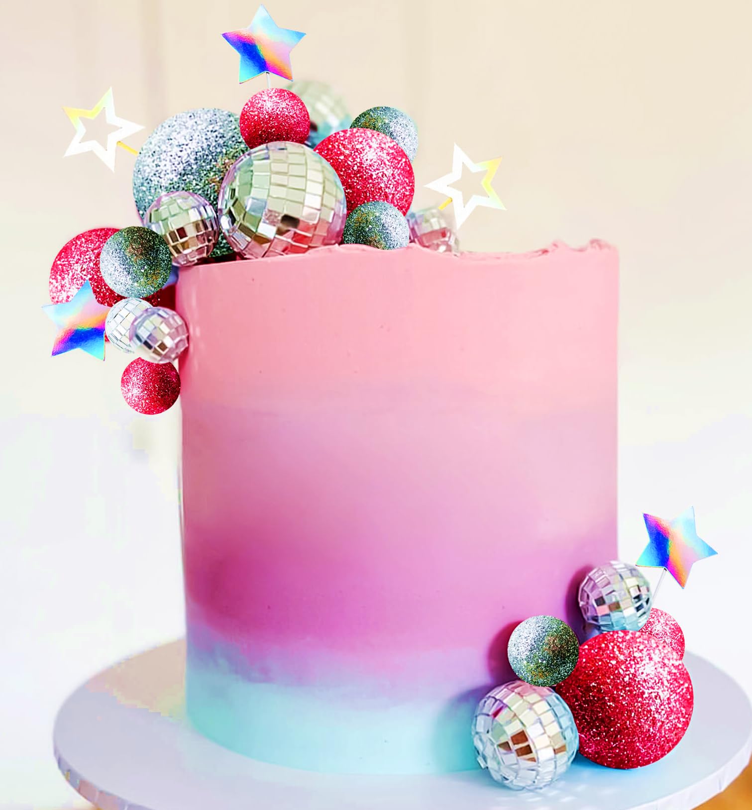 JeVenis Pink Disco Ball Cake Topper - 80s Themed Dancing Queen Cake Decorations with Silver Balls | Perfect for Birthday Parties, Bachelorette Cakes & Retro Celebrations