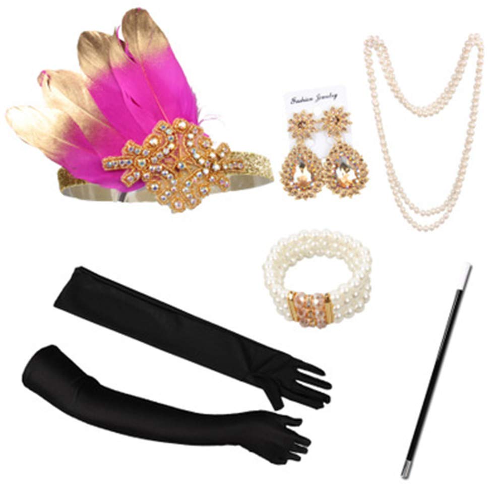1920s Vintage Flapper Headband Set - Great Gatsby Feather Headpiece, Necklace, Gloves & Cigarette Holder - Roaring 20s Costume Accessories for Women (Perfect for Gatsby Parties, Halloween, Themed Events & Vintage Fashion)
