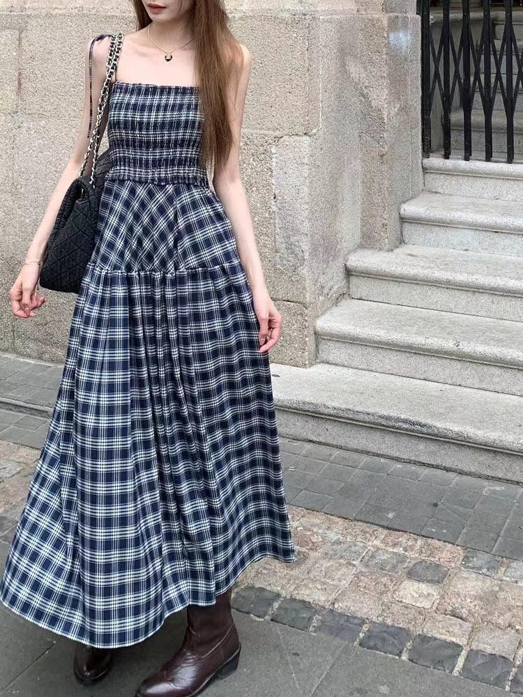Lovevop Women's Blue Plaid Elastic Suspender A-Line Dress - Casual Vintage Style for Parties, Dates & Everyday Wear
