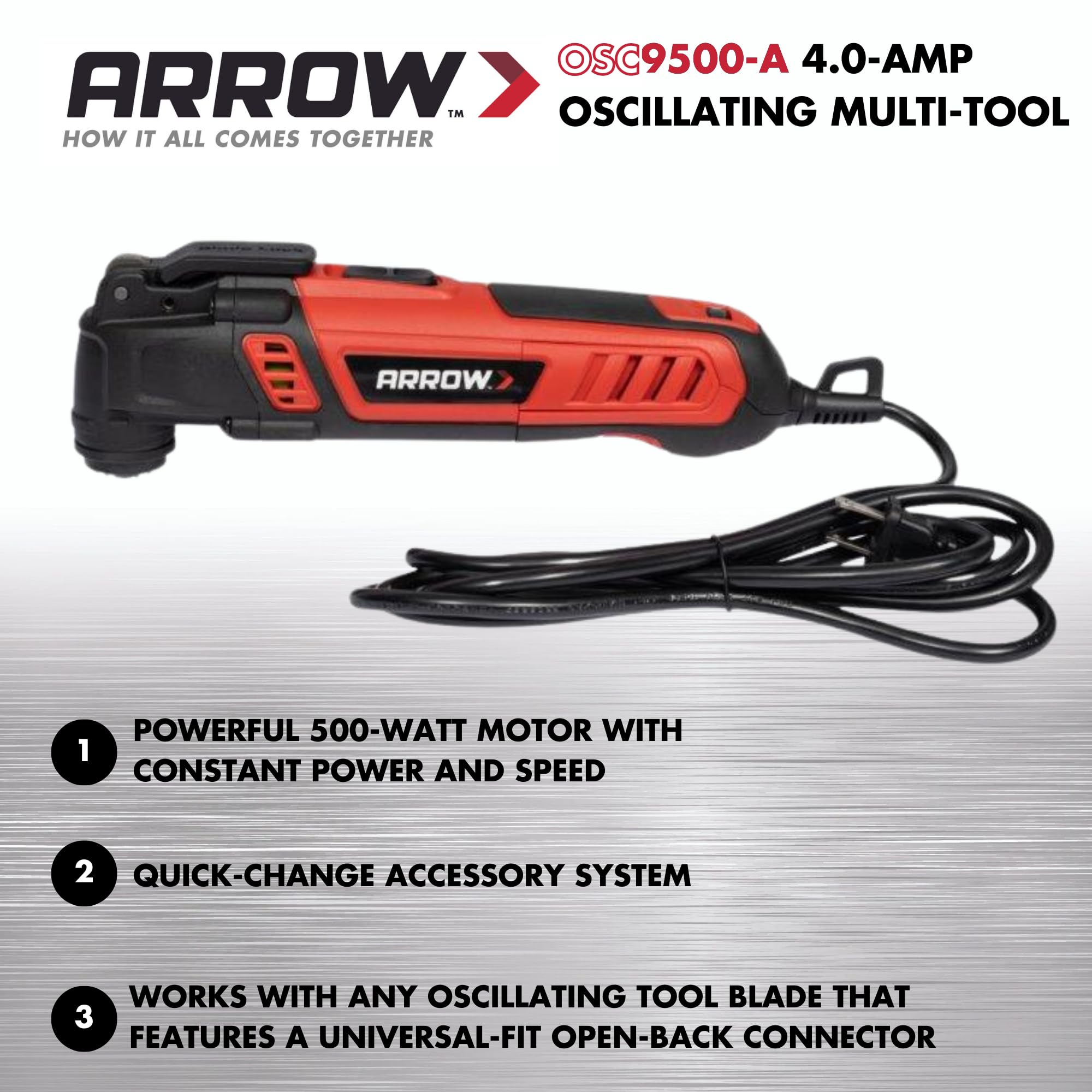 Arrow OSC9500-A Oscillating Multi-Tool Kit with Titanium Coated Blade - Includes Sander, Drywall Saw, Storage Bag - Perfect for Polishing, Grinding, Scraping & DIY Home Renovation Projects
