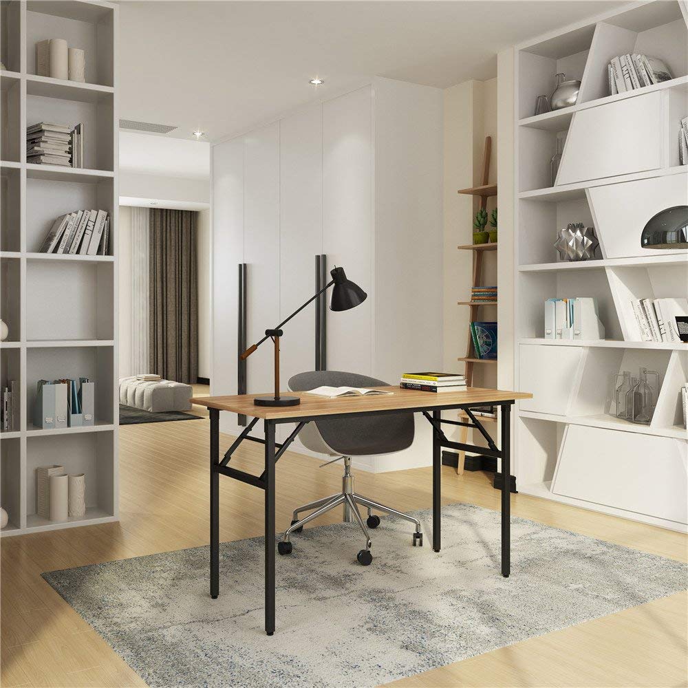 DLandHome 39.4 Inch Folding Computer Desk - Space Saving Writing Desk for Small Spaces, Study Table & Laptop Workstation (Teak & Black, No Assembly Required) - Perfect for Home Office, Dorm Room & Small Apartments