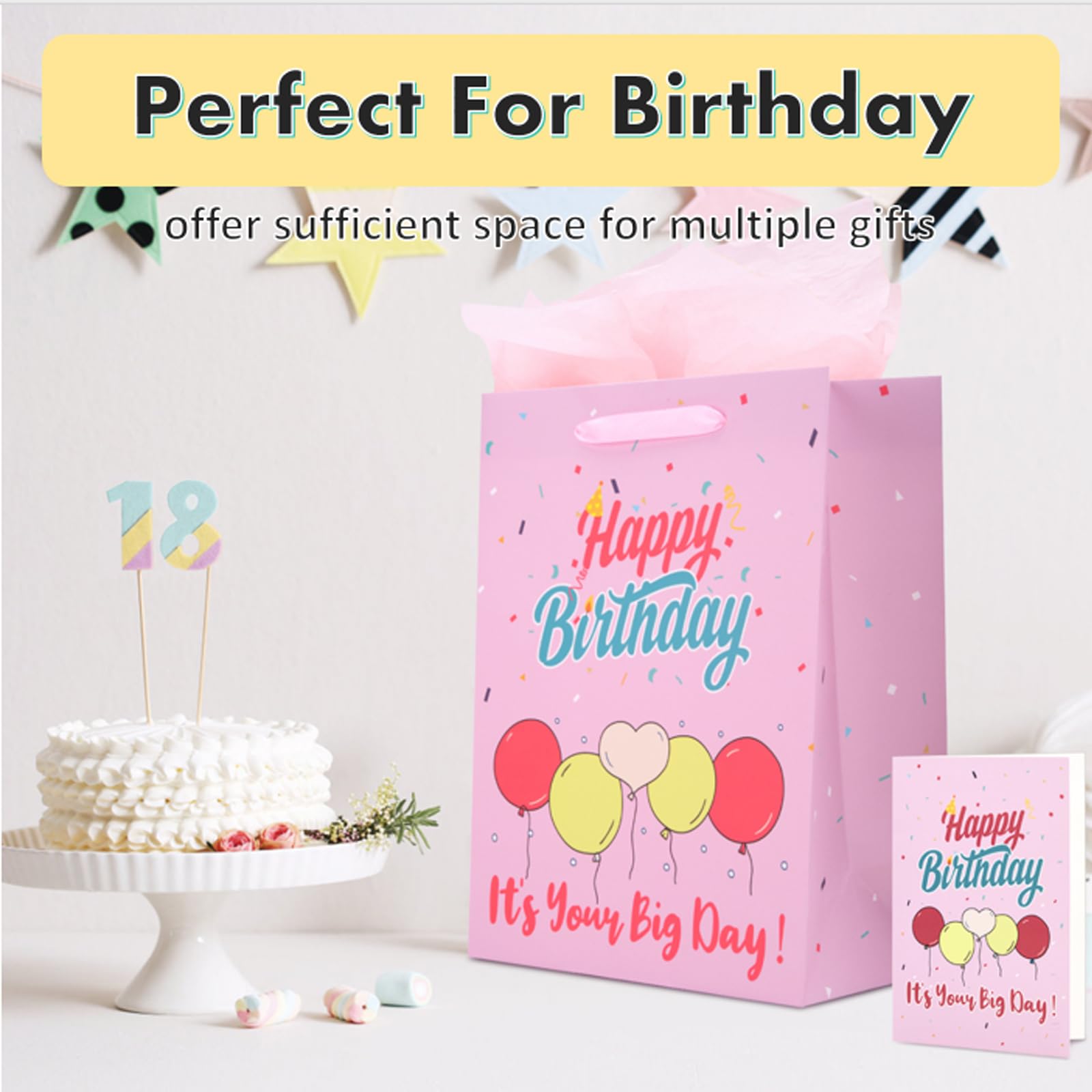 Ronvir 4-Piece Pink Birthday Gift Bags for Girls - Large 10x13x5 Inch Party Favor Bags with Tissue Paper - Perfect for Kids' Birthday Parties, Baby Showers & Special Occasions