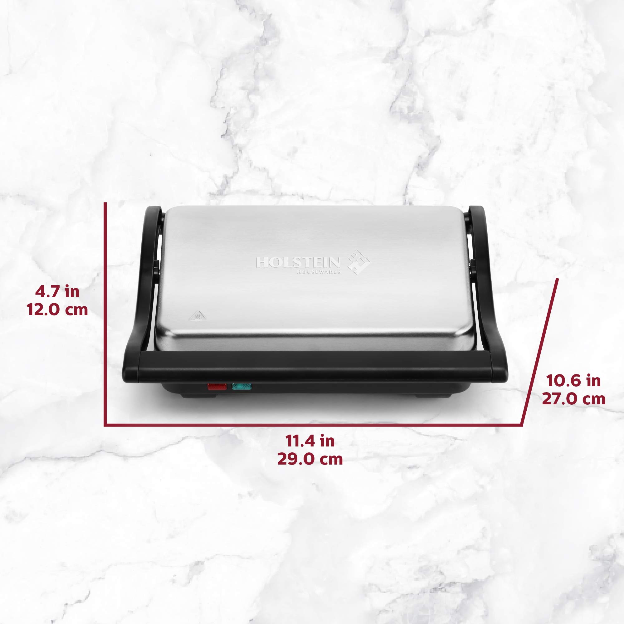 Holstein Housewares Electric Griddle - Stainless Steel Sandwich Maker & Snack Toaster for Paninis, Waffles, Breakfast - Black/Stainless Steel - Perfect for Home, Office & Camping Cooking