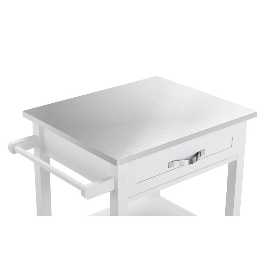 Stainless Steel Top Wooden Frame Kitchen Cart with Wheels - White | Rolling Kitchen Island for Small Spaces, Mobile Prep Station for Cooking & Dining