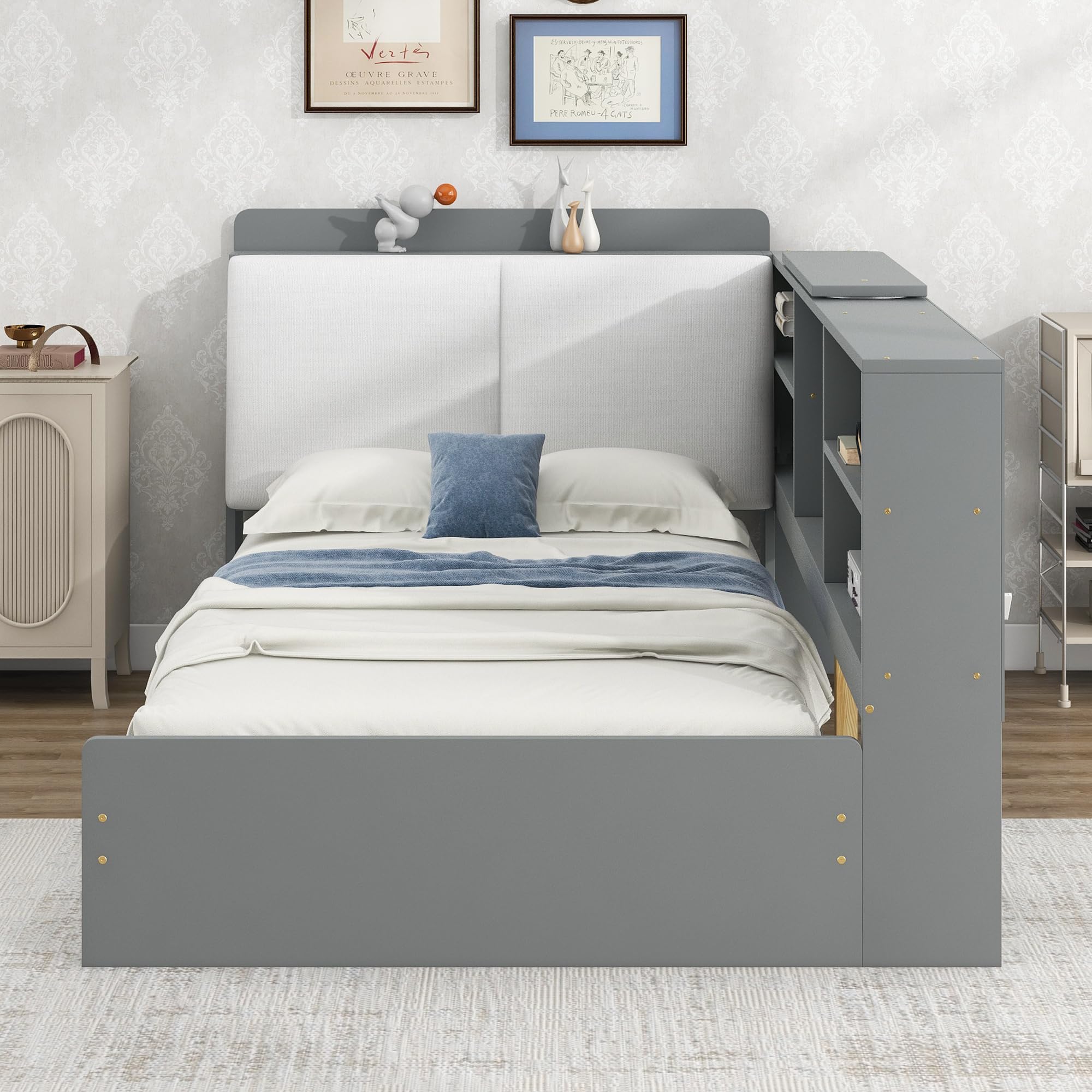 Harper & Bright Designs Twin Platform Bed with Storage Headboard, Shelves & 2 Drawers - Wooden Twin Storage Bed Frame with L-Shaped Bookcase, Gray - Perfect for Kids' Bedroom, Guest Room & Small Space Organization