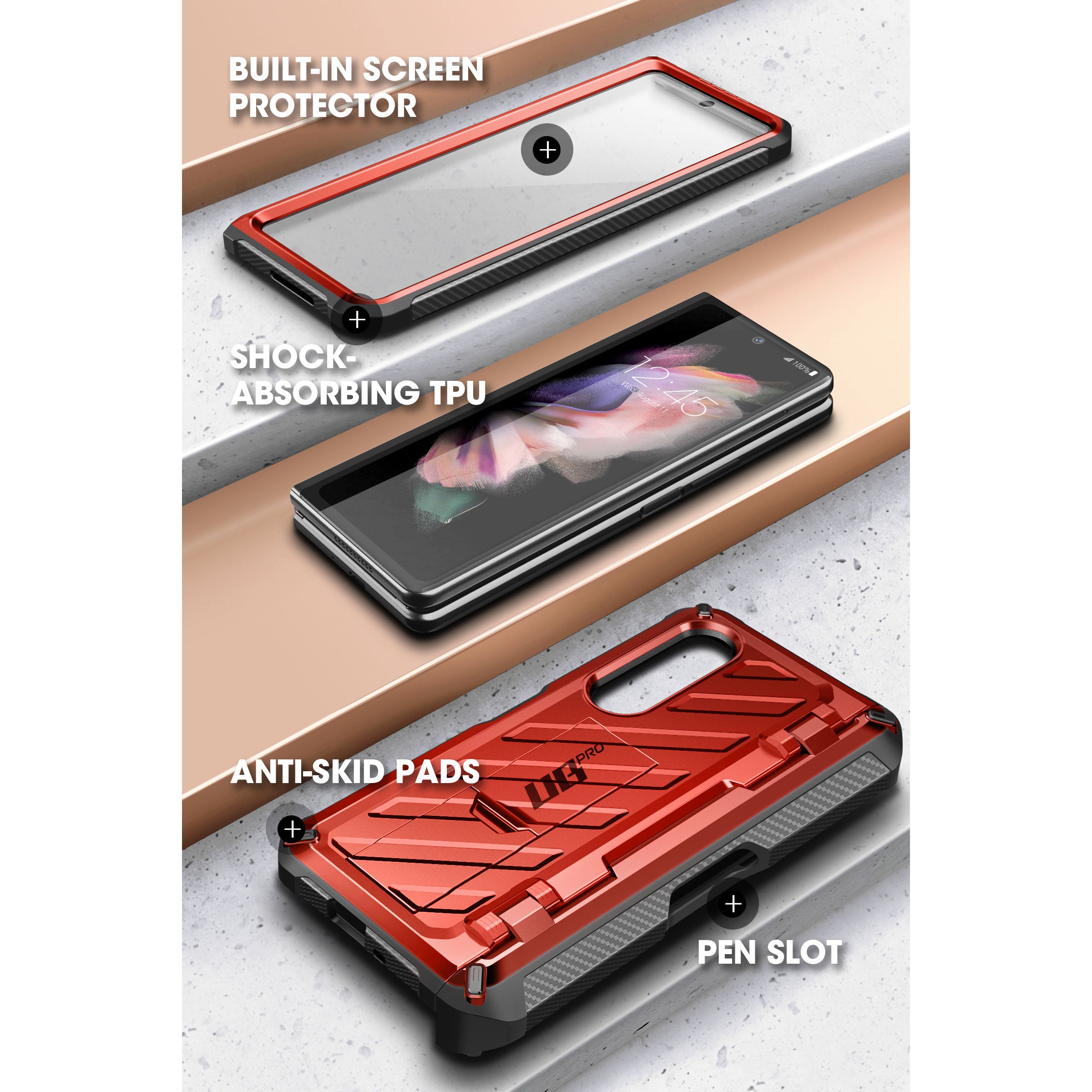 Samsung Galaxy Z Fold 4 Unicorn Beetle PRO Heavy Duty Rugged Case with S Pen Holder - Shockproof & Drop Protection - Metallic Red - Perfect for Outdoor Adventures & Business Travel