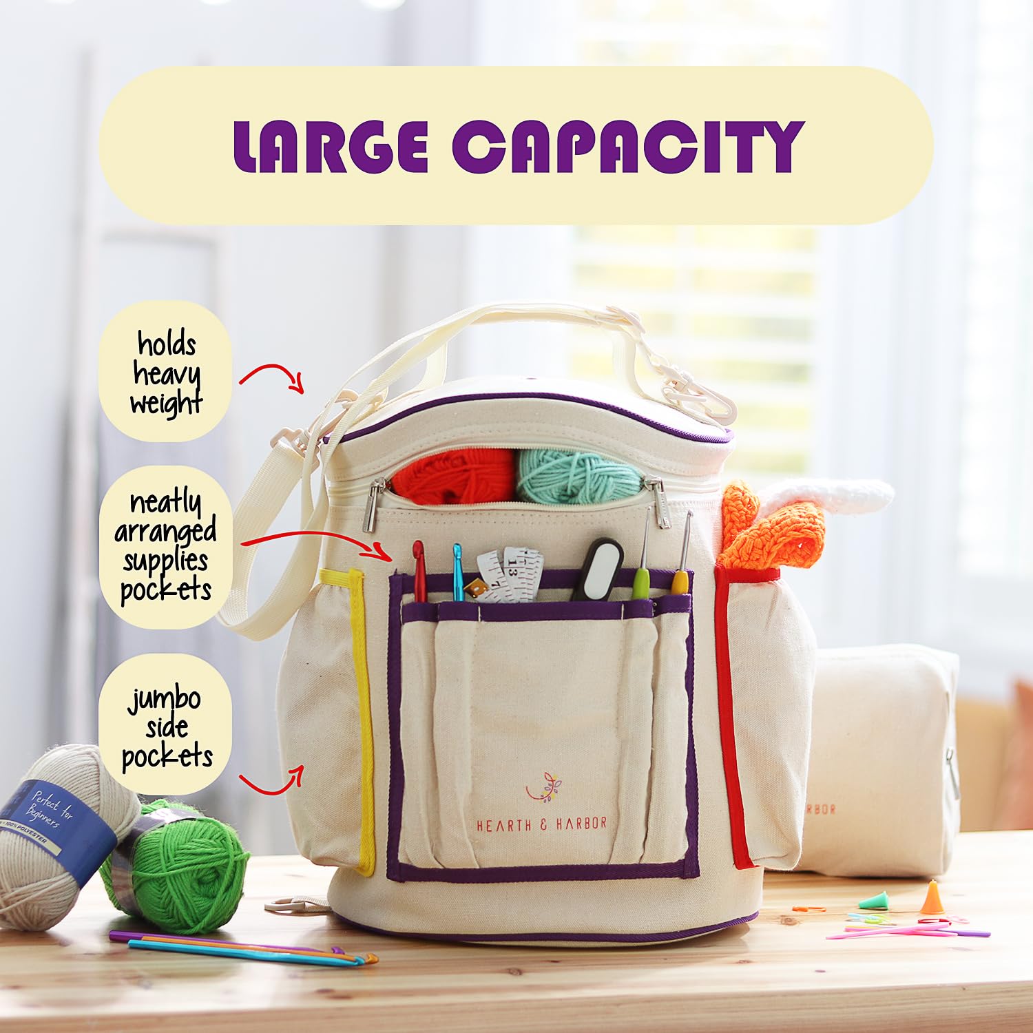 Hearth & Harbor Crochet Bag Organizer - Durable Knitting Yarn Storage Bag with Accessories Case | Perfect for Crochet Supplies, Needlework Projects & Craft Organization | Portable for Travel, Home & On-the-Go Knitting