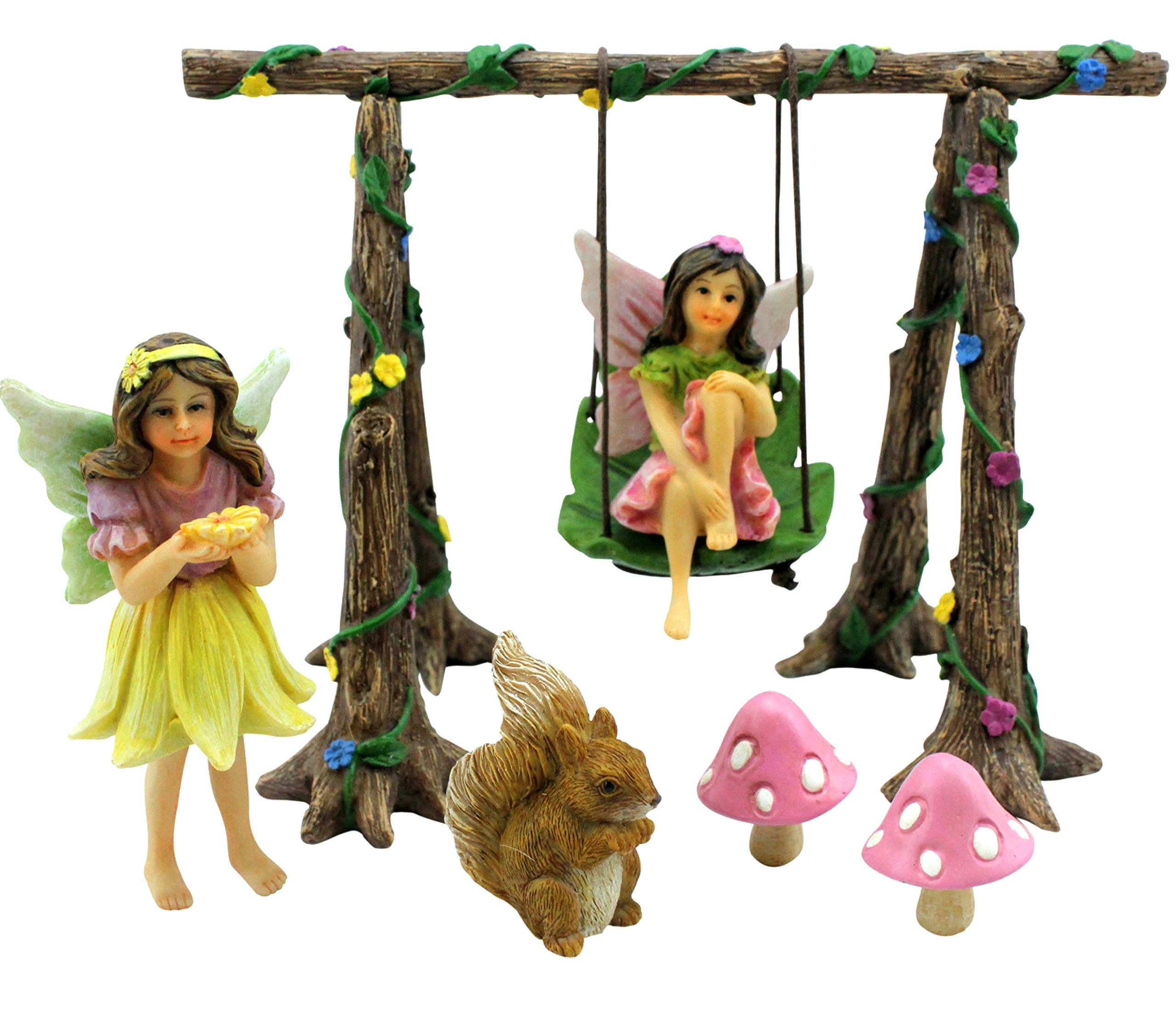Fairy Garden Accessories Starter Kit - 6 Hand-Painted Resin Figurines Including Swing Set, Squirrel & Mushrooms for Miniature Gardens - Perfect for Indoor & Outdoor Fairy Garden Decor, DIY Terrariums, and Whimsical Home Décor