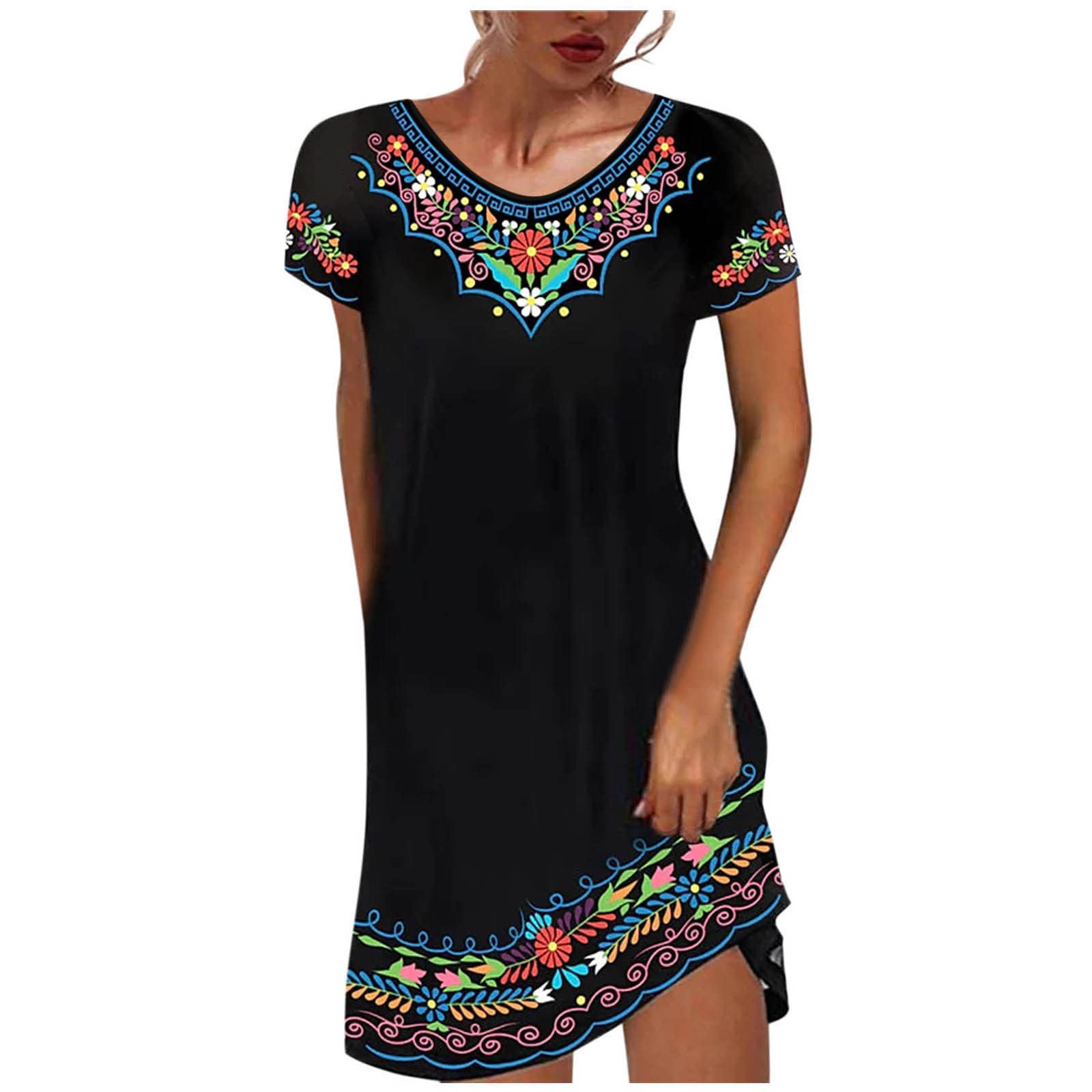 Women's Floral Print Short Sleeve Mini Dress - Black Round Neck Summer Dress for Casual Outings, Beach Vacations & Date Nights
