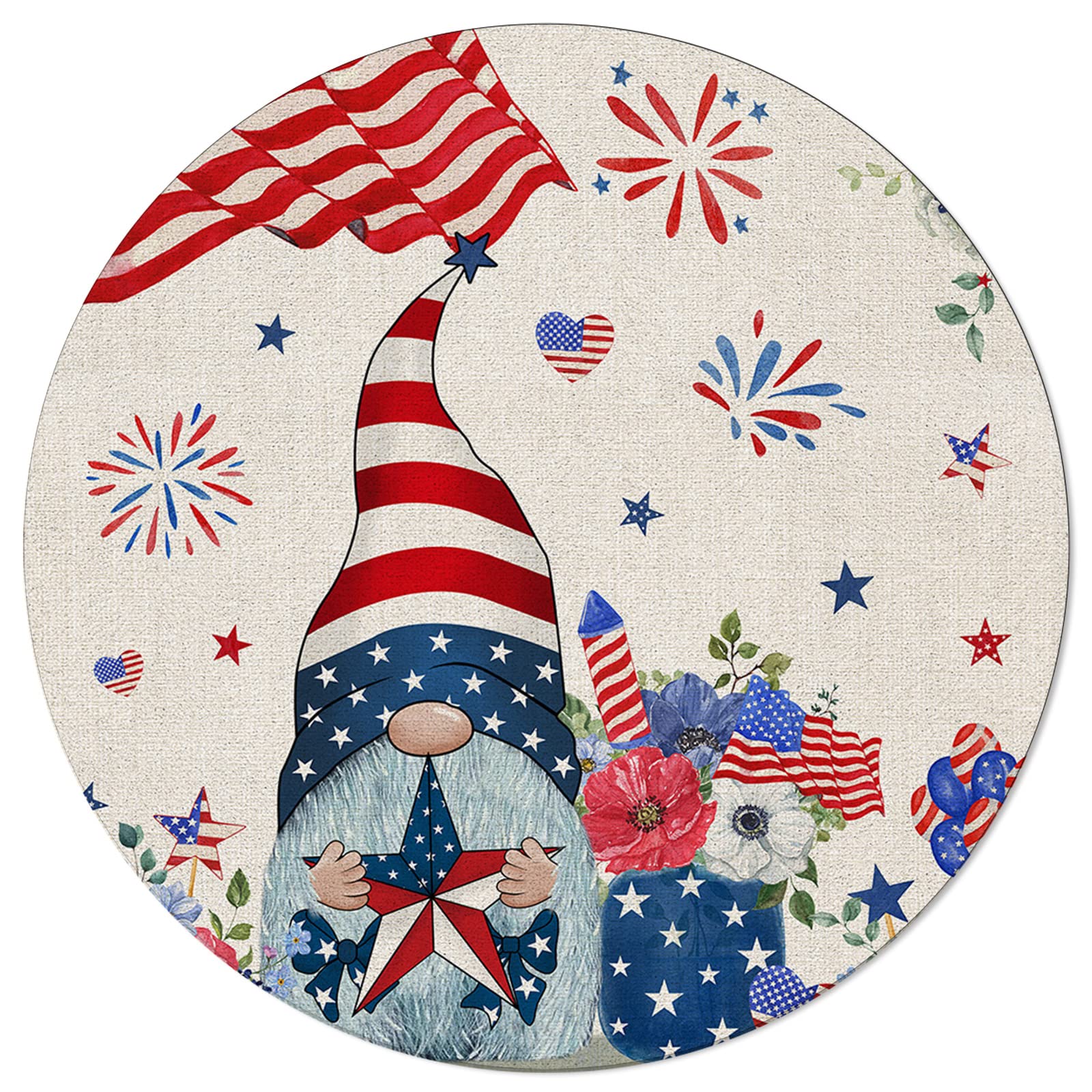 Patriot Gnomes Flower Large Area Rug 4x6 Feet - Washable Low Pile Indoor/Outdoor Carpet for Bedroom, Living Room, Kitchen, Bathroom - Red Blue Burlap Decor for Independence Day & Home Office Floor Mat | Perfect for American Flag-Themed Rooms, Front Porch, and Desk Decor