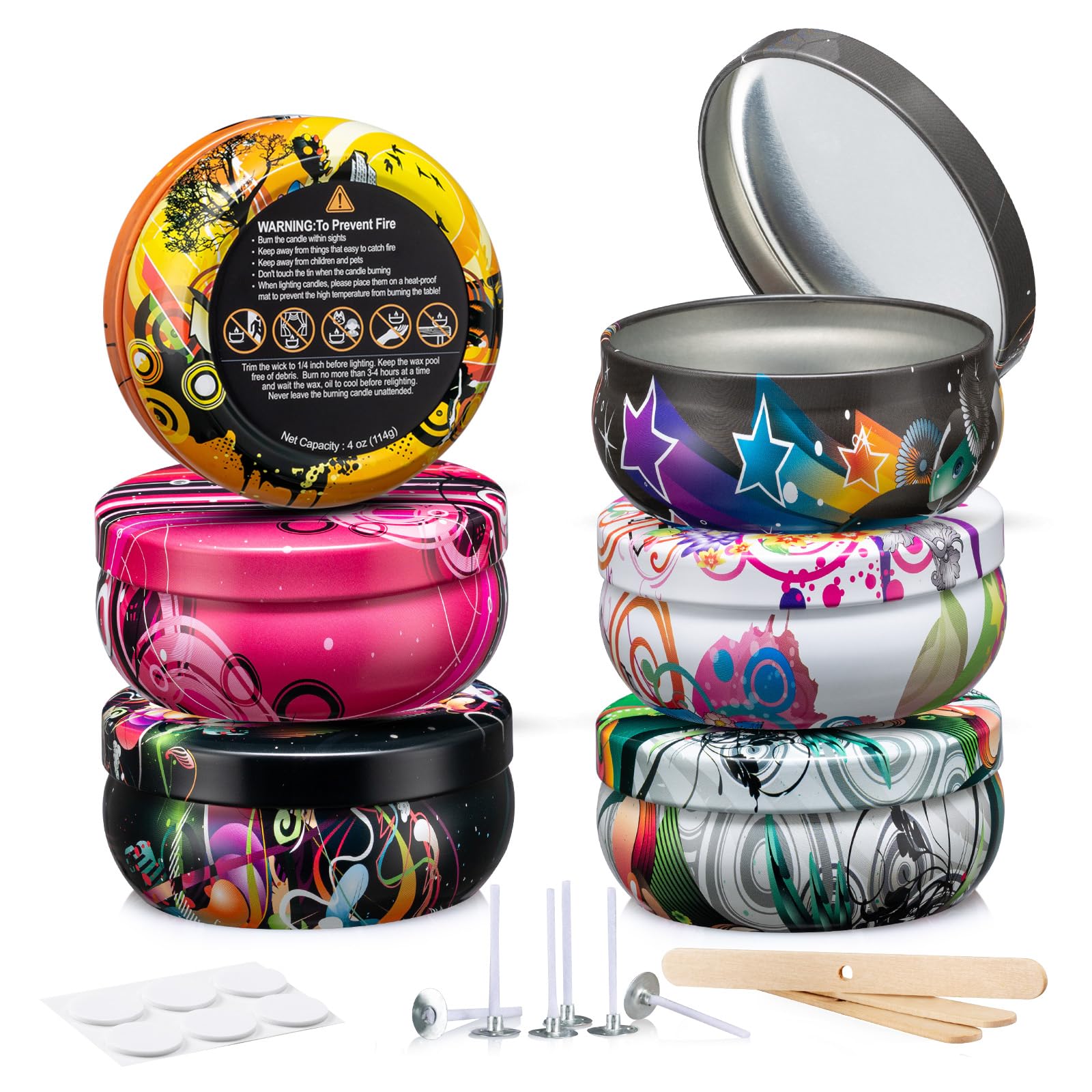 Opeshar 6-Pack 4oz Large Caliber Candle Tins with Lids - Empty Round Candle Jars for DIY Candle Making, Includes Pre-Cut Wicks, Wick Stickers & Wick Holders - Perfect for Home, Wedding, Spa & Gift Candles