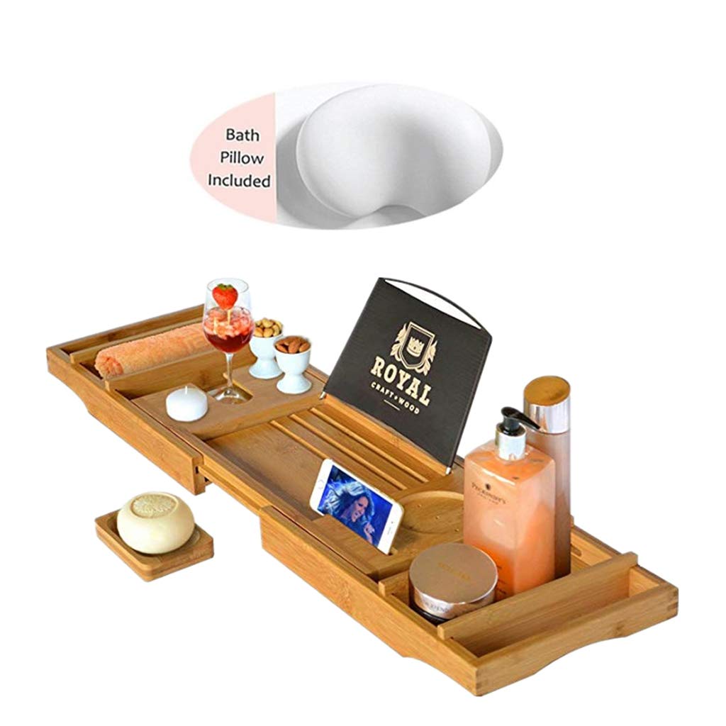 Expandable Bamboo Bathtub Tray with Wine Glass Holder & Book Stand - Natural Wood Bath Caddy for Relaxation, Self Care Gifts for Women, Birthday Gift for Mom - Perfect for Spa Nights, Bubble Baths & Reading in Tub