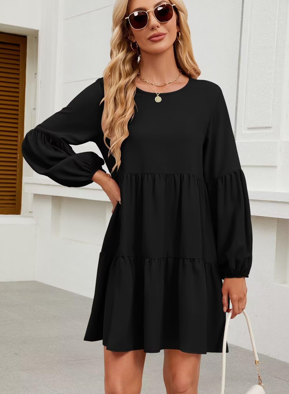 QACOHU Women's Summer Babydoll Dress 2025 - Spring Crew Neck Long Sleeve Flowy Swing Tunic Mini Dress for Casual Wear, Date Night & Vacation Outfits