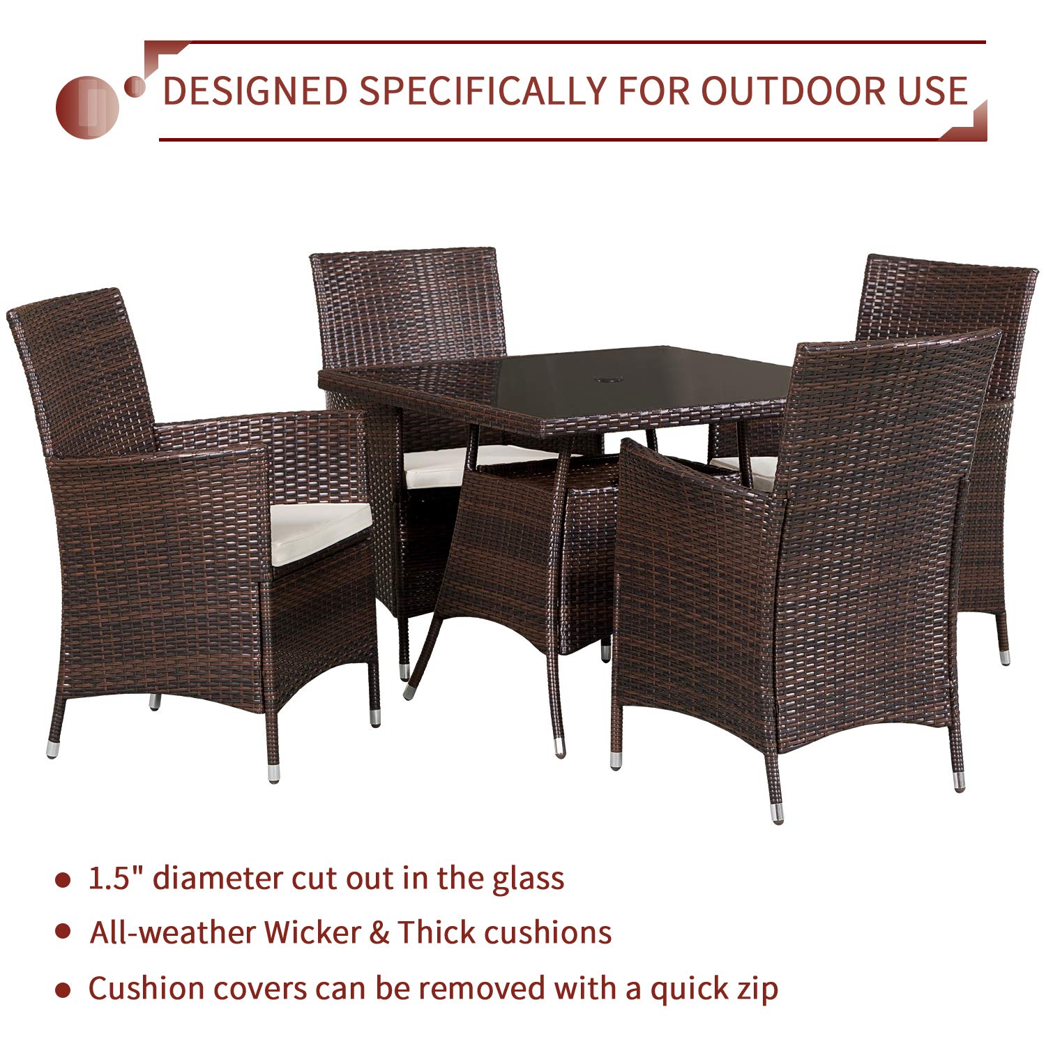5-Piece Outdoor Patio Furniture Set - Square Wicker Dining Table with Tempered Glass Top & 4 Chairs, Umbrella Hole - Brown Rattan Garden Set for Backyard, Poolside or Terrace Dining