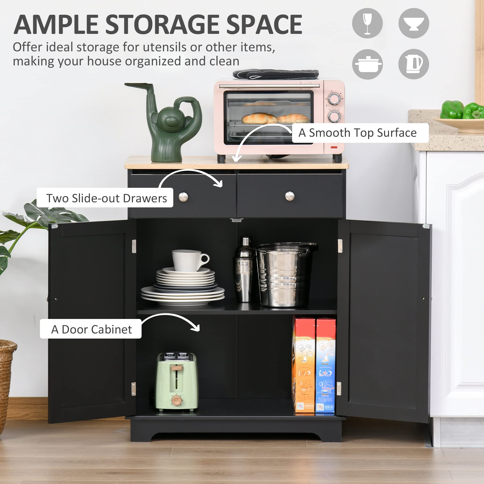 HOMCOM Modern Sideboard with Solid Wood Countertop - Kitchen Storage Cabinet, Coffee Bar Organizer with 2 Drawers & Doors, Adjustable Shelf - Black - Perfect for Dining Room, Living Room & Home Office Storage