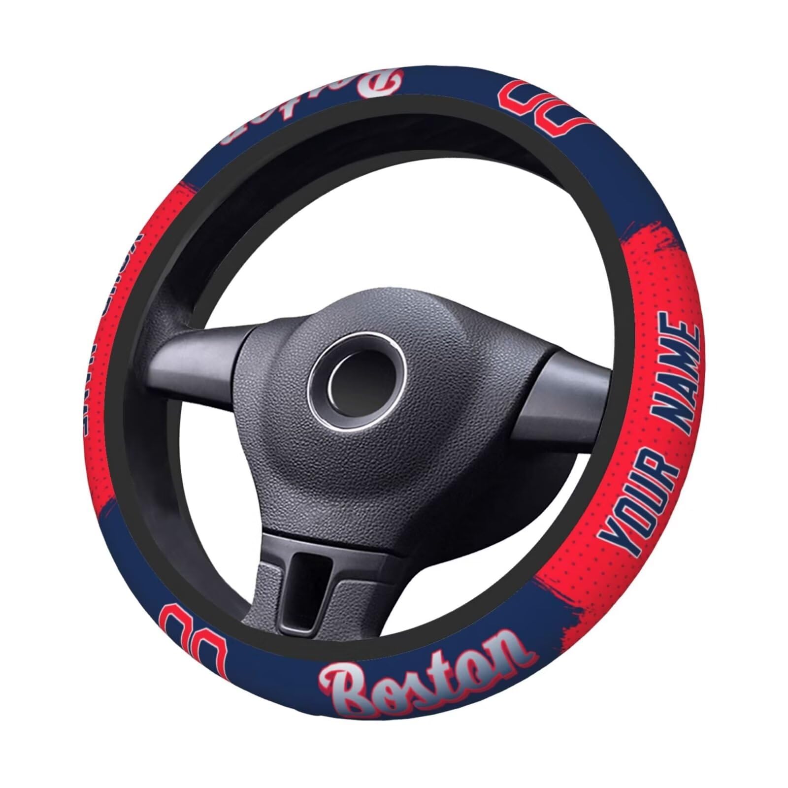 Custom Boston Car Steering Wheel Cover - Personalized Name & Number, Anti-Slip Elastic Baseball Design - Universal 15 Inch Fit for Most Cars, SUVs, ATVs & Trucks - Perfect for Sports Fans & Safe Driving