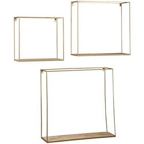 BOWERY HILL Mid Century Modern 3-Piece Wood Wall Shelf Set - Natural Wood & Gold Finish | Floating Shelves for Living Room, Bedroom & Office Decor