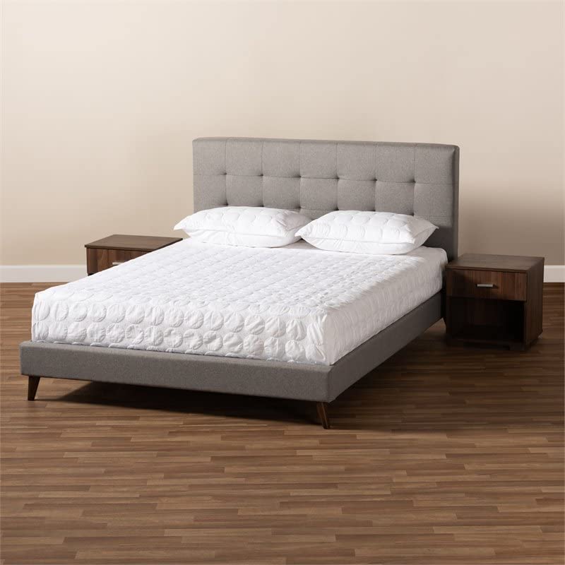 Baxton Studio Queen Size Maren Light Grey Platform Bed with Nightstands - Modern Bedroom Furniture Set for Small Spaces & Guest Rooms